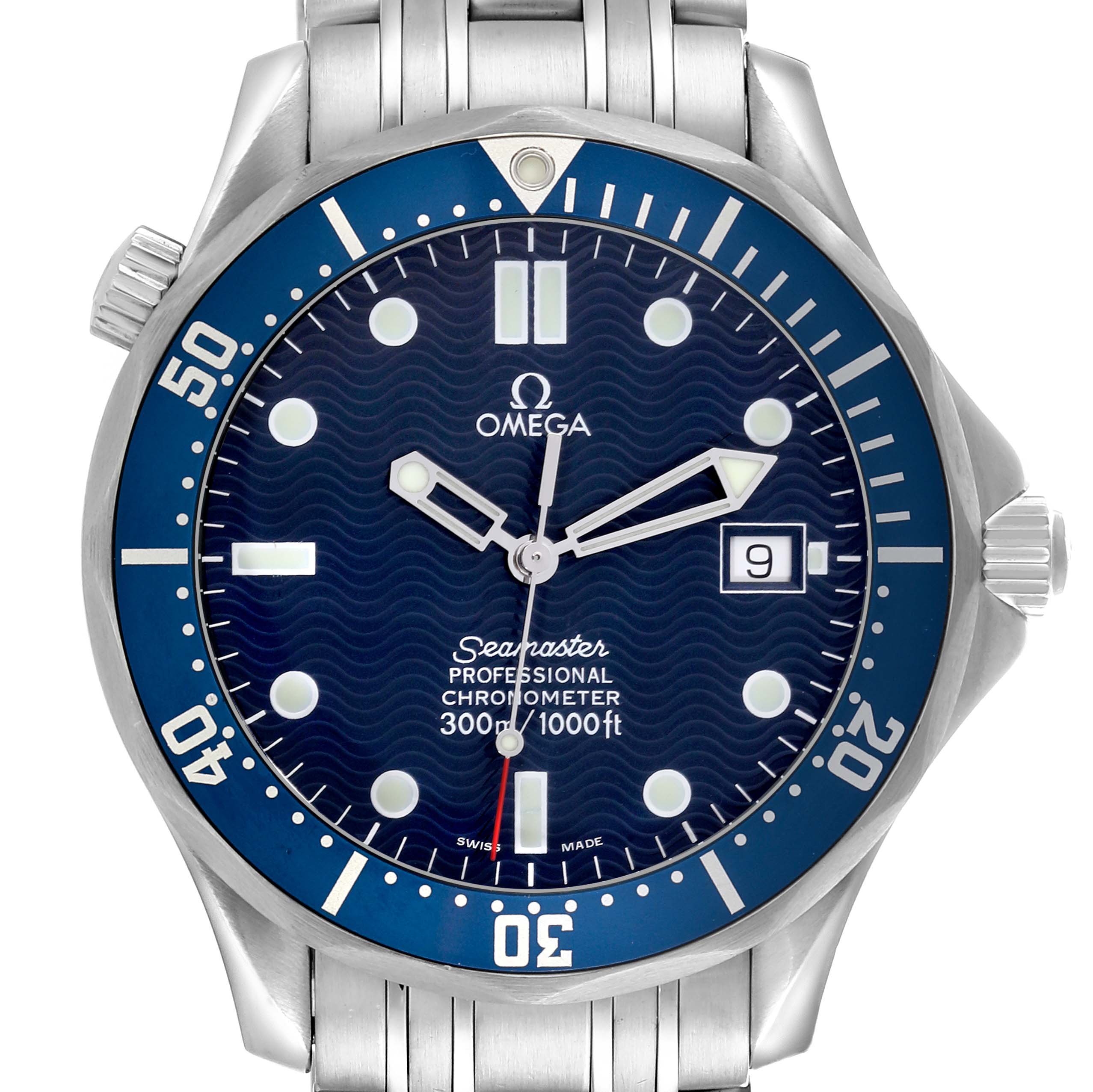 The Omega Seamaster 2531.80.00 Men
s Stainless Steel Blue Dial 2531.80.00 Men
s Stainless Steel Blue Dial watch is shown from a frontal view, highlighting the dial, bezel, and bracelet.