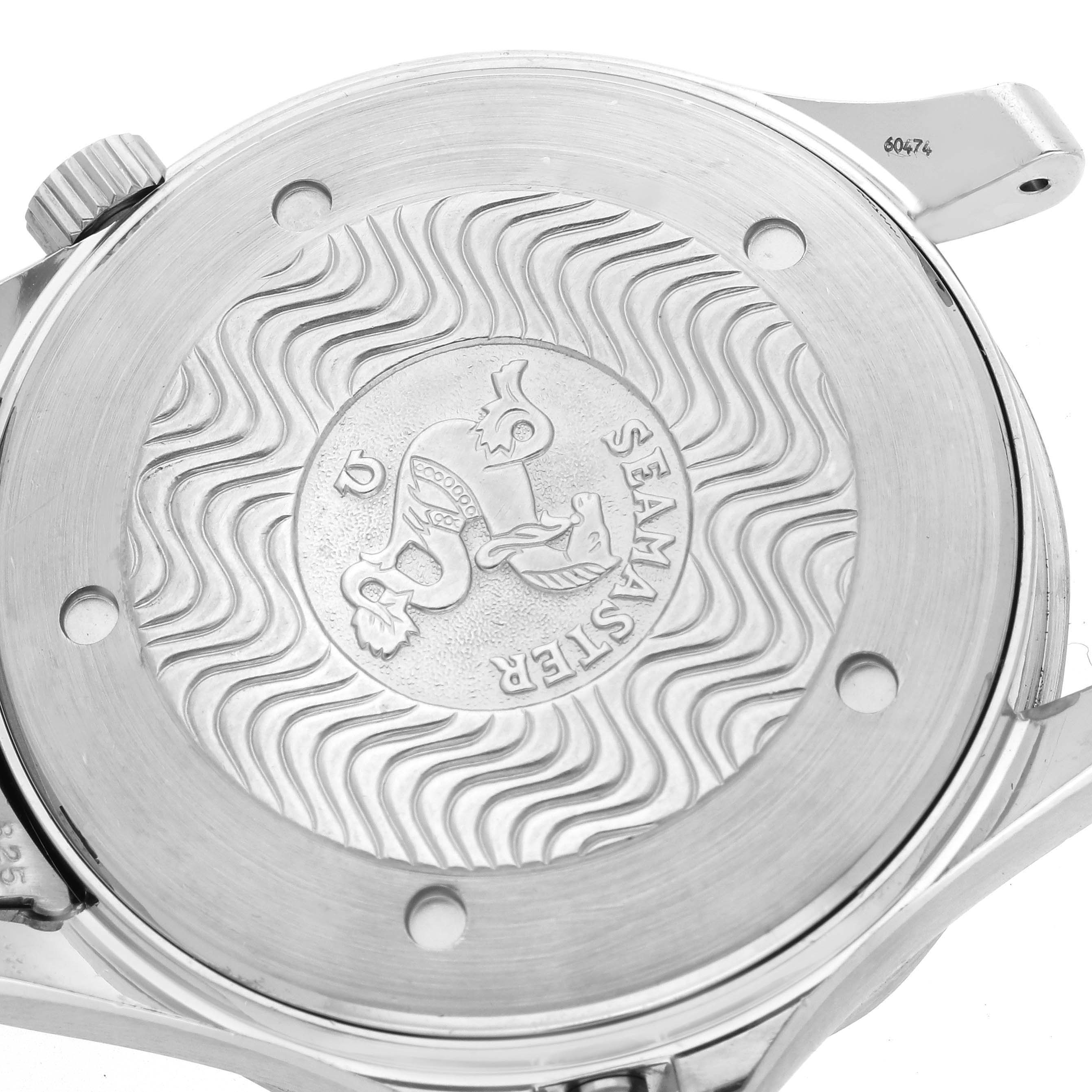 The image shows the back of the Omega Seamaster 2531.80.00 Men
s Stainless Steel Blue Dial 2531.80.00 Men
s Stainless Steel Blue Dial watch, highlighting the engraved case back design.