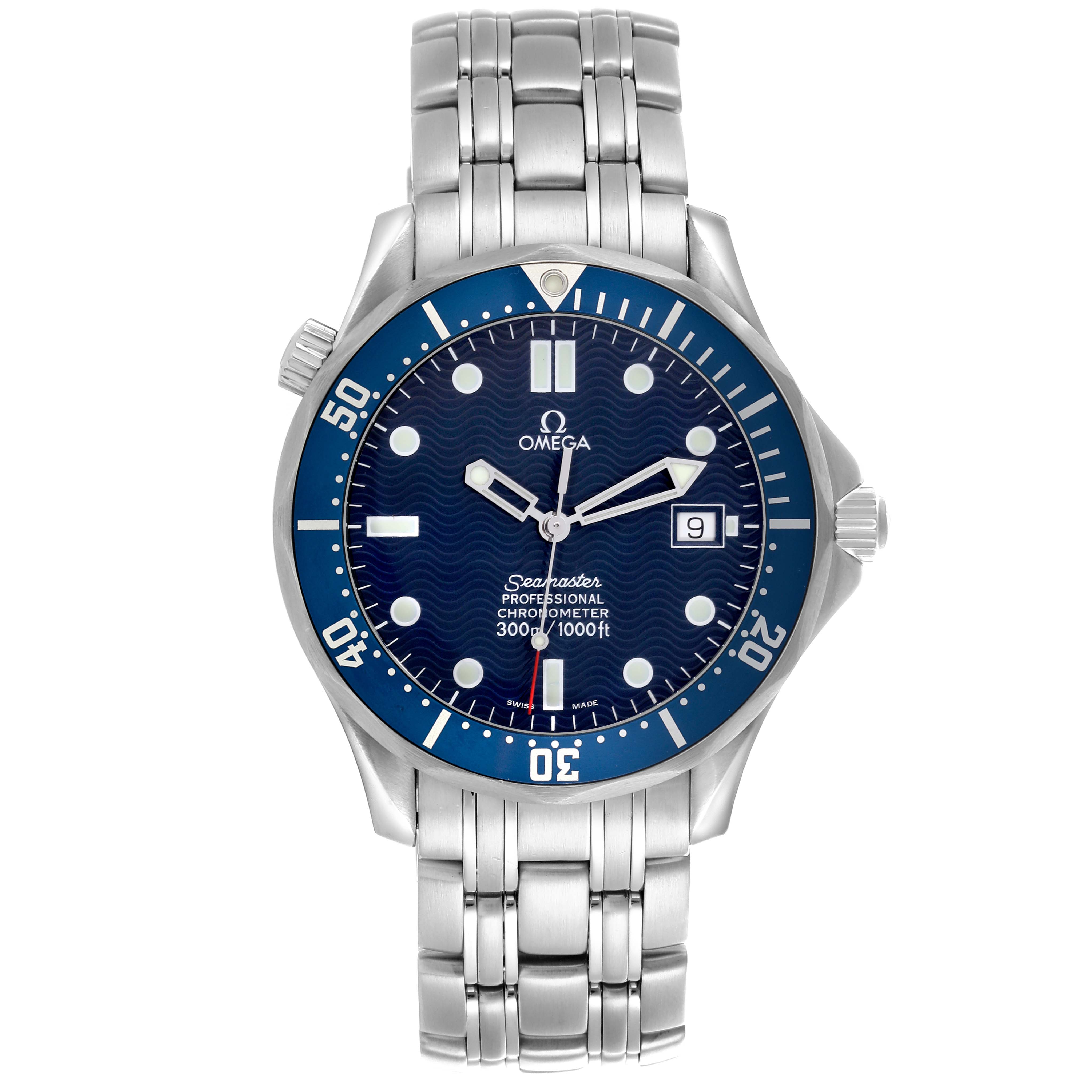 The Omega Seamaster 2531.80.00 Men
s Stainless Steel Blue Dial 2531.80.00 Men
s Stainless Steel Blue Dial watch is shown from the front, displaying the dial, bezel, bracelet, and crown.