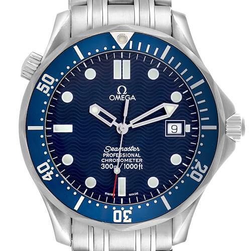 The Omega Seamaster watch is shown from the front, highlighting the face, bezel, and partial bracelet.