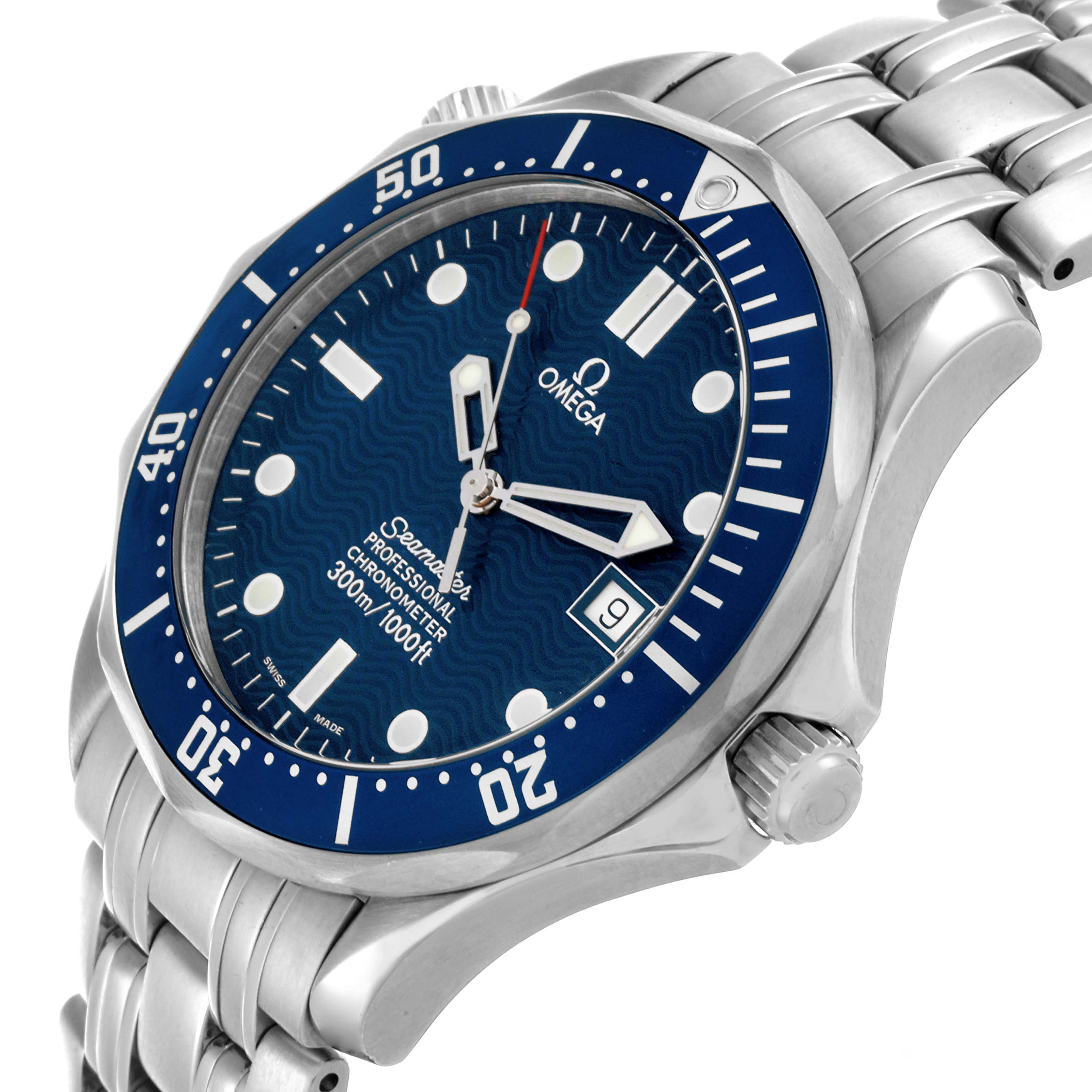 The Omega Seamaster 2531.80.00 Men
s Stainless Steel Blue Dial 2531.80.00 Men
s Stainless Steel Blue Dial watch is shown at an angled view, highlighting the blue dial, bezel, and stainless steel bracelet.