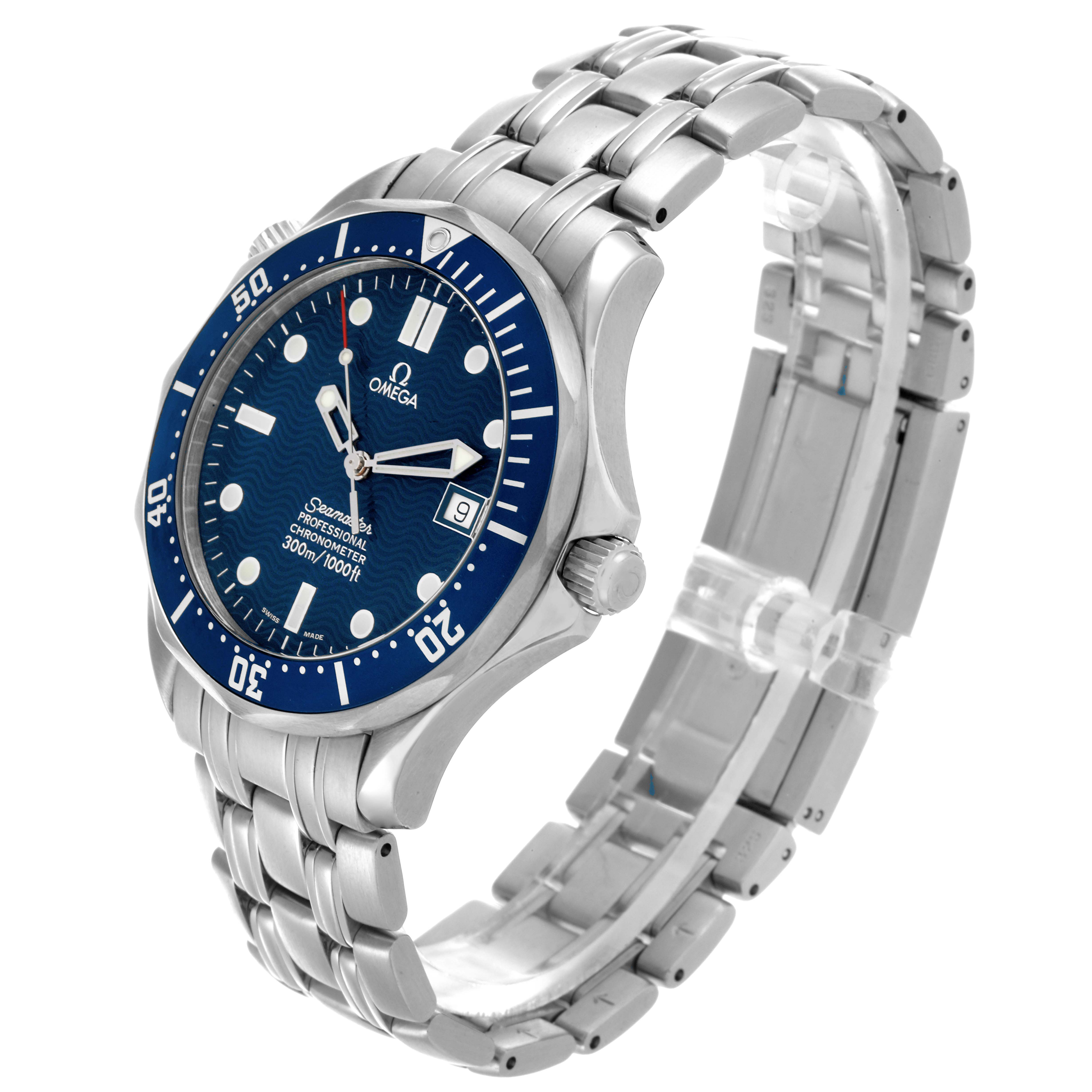 The Omega Seamaster 2531.80.00 Men
s Stainless Steel Blue Dial 2531.80.00 Men
s Stainless Steel Blue Dial watch is shown at an angle highlighting the face, bezel, and metal bracelet.