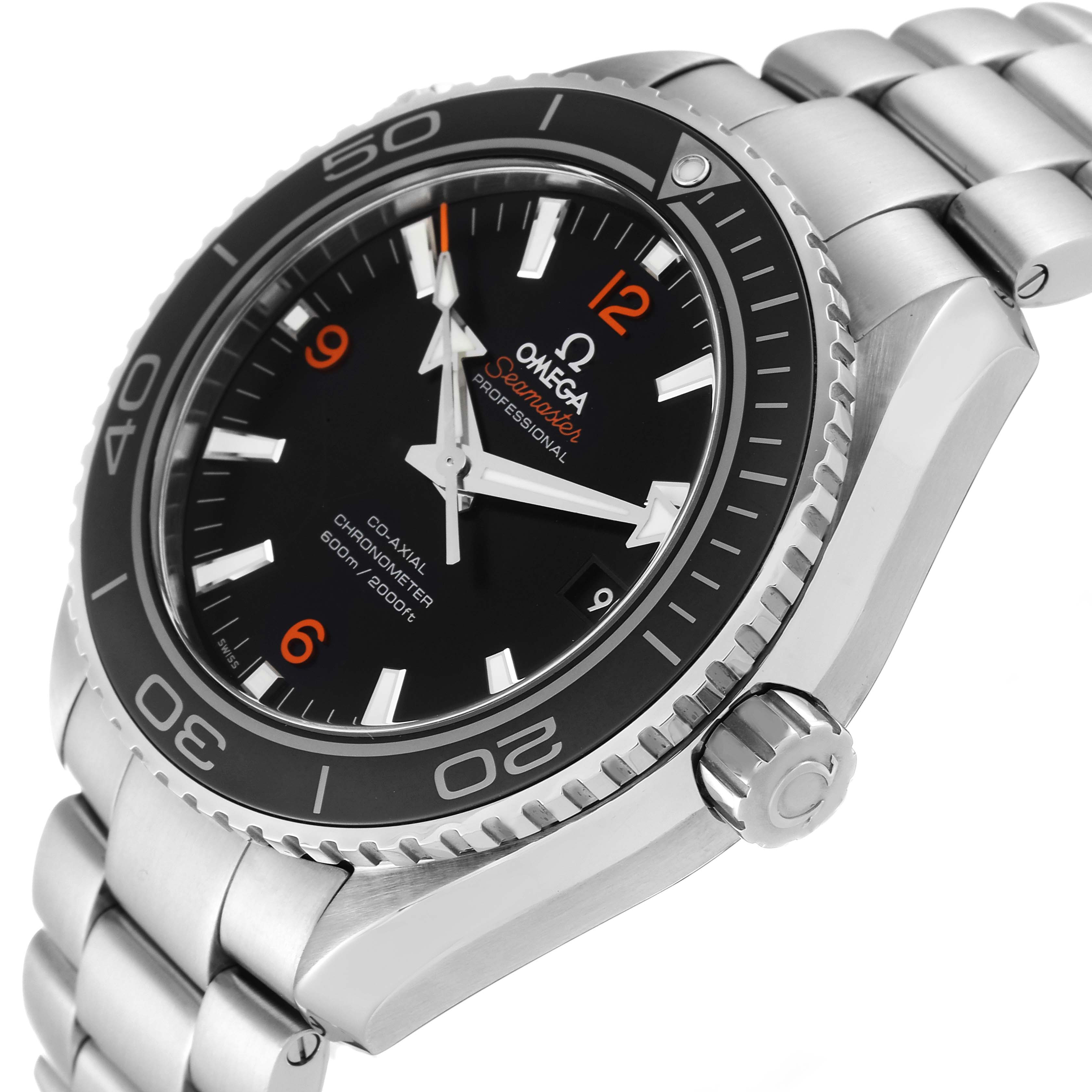 This image shows a side angle of the Omega Planet Ocean 232.30.46.21.01.003 Men
s Stainless Steel Black Dial 232.30.46.21.01.003 Men
s Stainless Steel Black Dial watch, highlighting the dial, bezel, crown, and part of the bracelet.