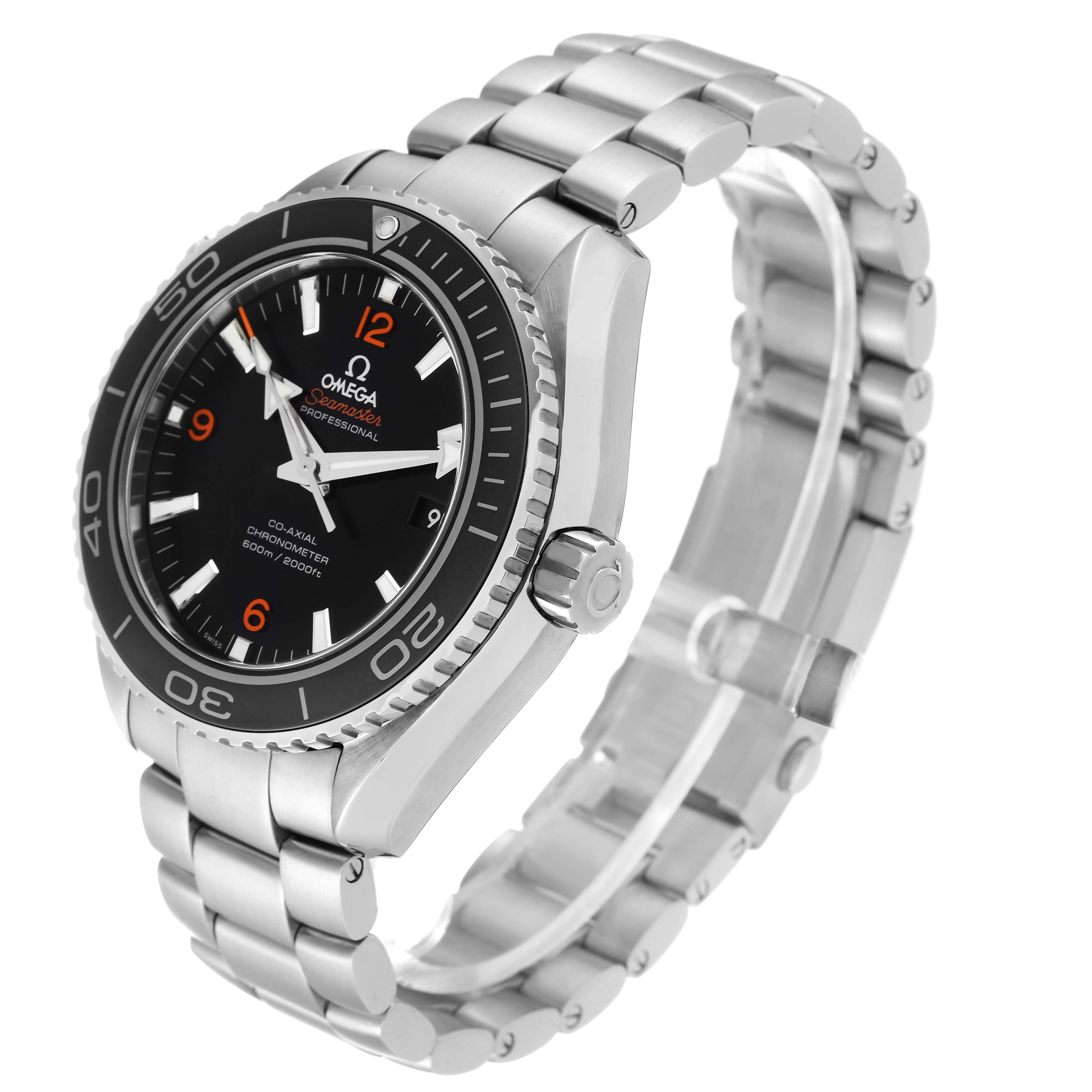 The image shows a side angle of an Omega Planet Ocean 232.30.46.21.01.003 Men
s Stainless Steel Black Dial 232.30.46.21.01.003 Men
s Stainless Steel Black Dial watch, featuring the dial, bezel, case, crown, and bracelet.