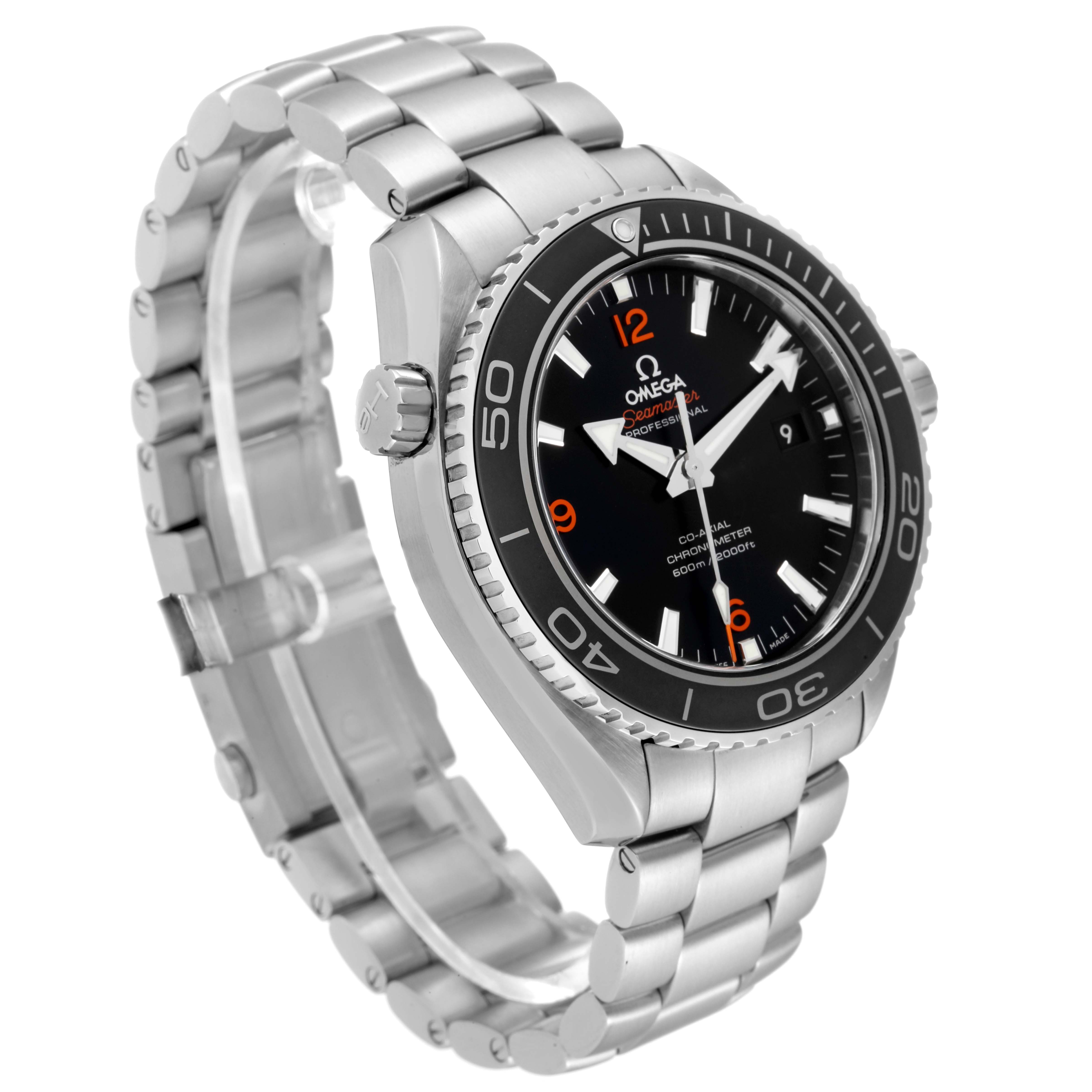The image shows an Omega Planet Ocean 232.30.46.21.01.003 Men
s Stainless Steel Black Dial 232.30.46.21.01.003 Men
s Stainless Steel Black Dial watch from a three-quarter angle, highlighting its bezel, dial, crown, and stainless steel bracelet.