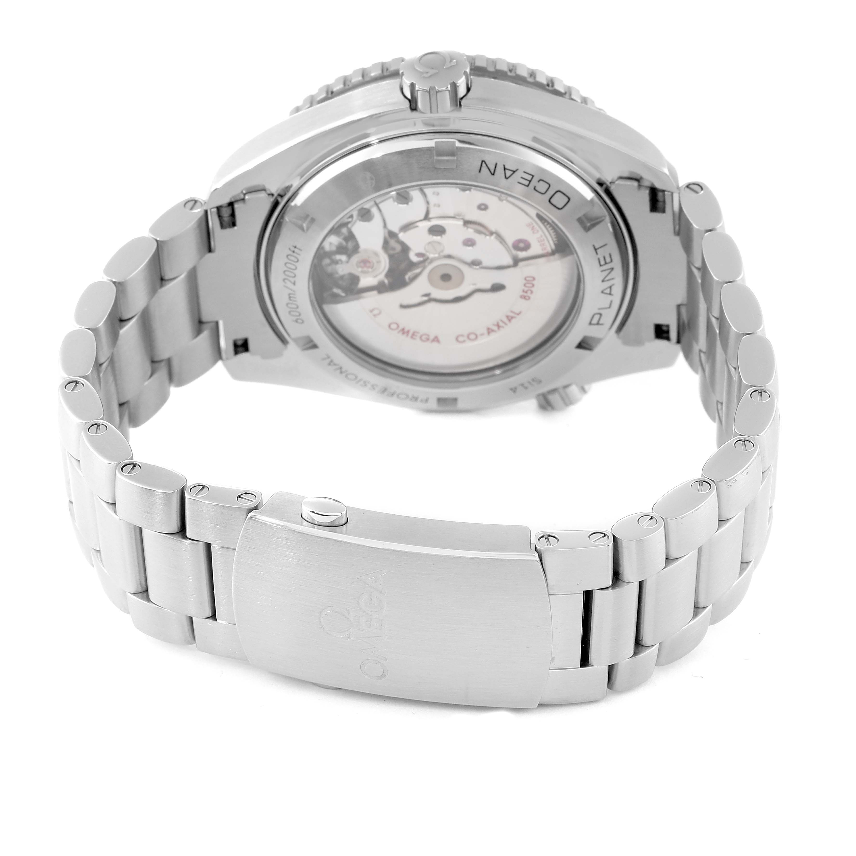 The image shows the back view of the Omega Planet Ocean 232.30.46.21.01.003 Men
s Stainless Steel Black Dial 232.30.46.21.01.003 Men
s Stainless Steel Black Dial watch, highlighting its exhibition case back and bracelet clasp.