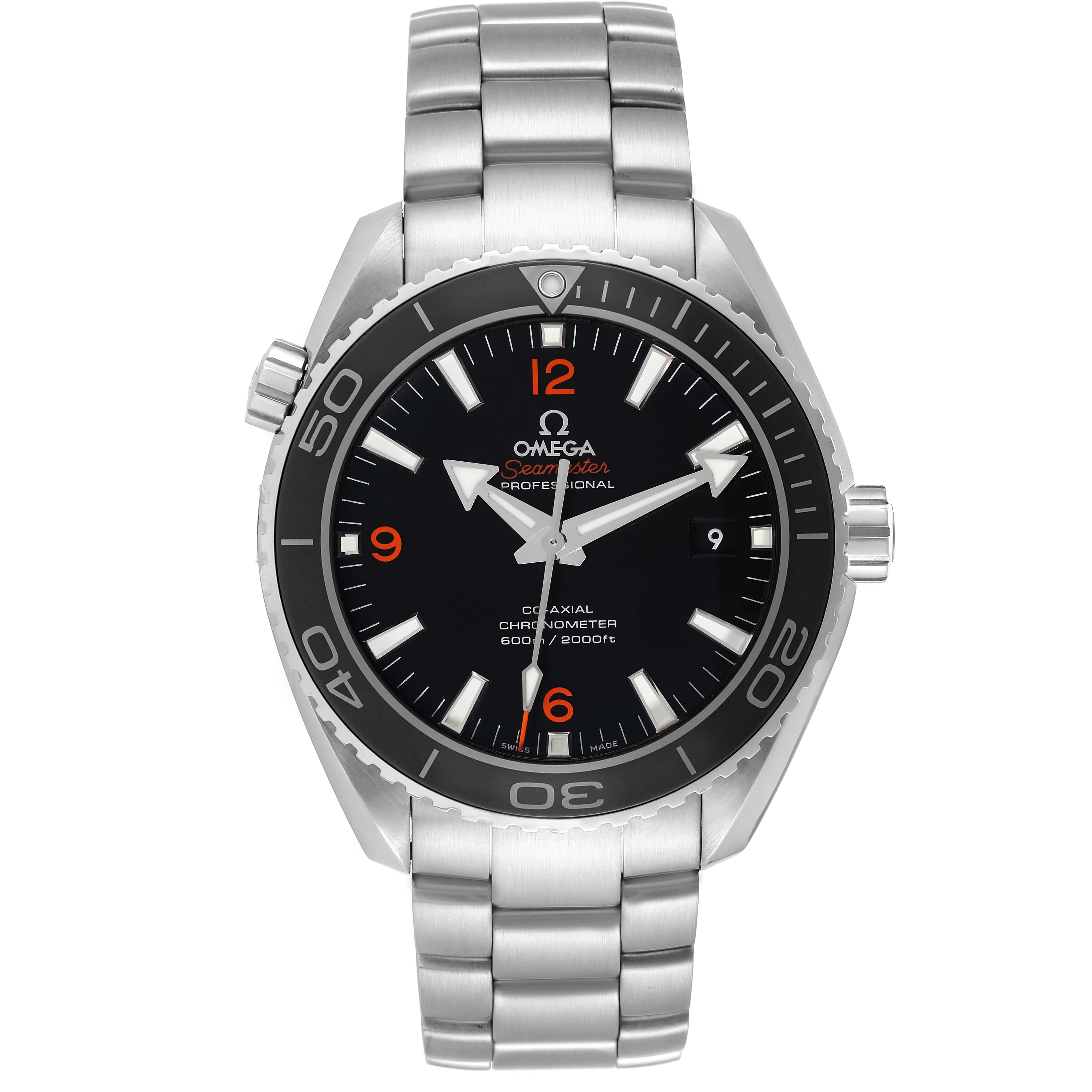 The Omega Planet Ocean 232.30.46.21.01.003 Men
s Stainless Steel Black Dial 232.30.46.21.01.003 Men
s Stainless Steel Black Dial watch is shown from the front, displaying its face, bezel, and bracelet.