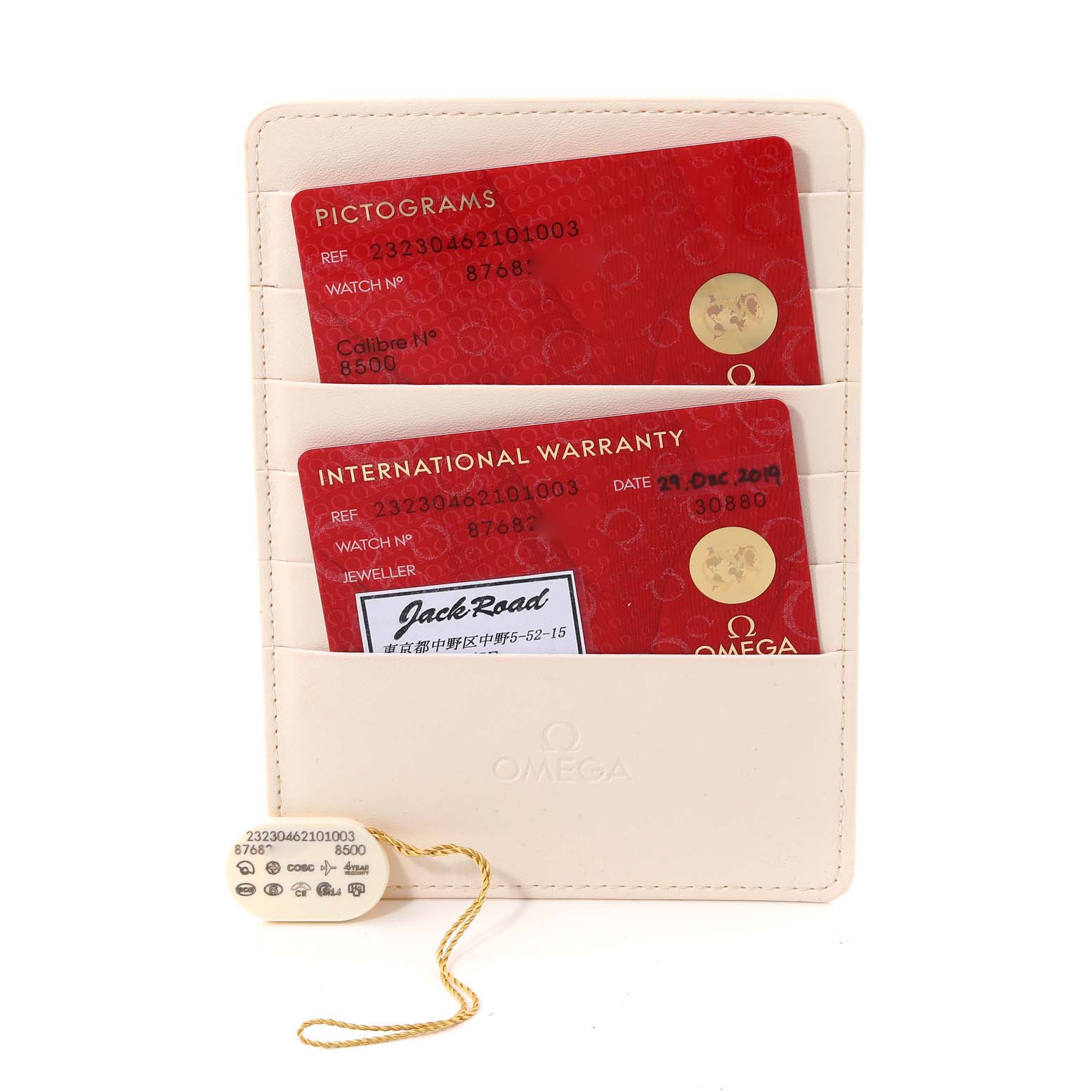 The image shows Omega Planet Ocean 232.30.46.21.01.003 Men
s Stainless Steel Black Dial 232.30.46.21.01.003 Men
s Stainless Steel Black Dial cards, including the warranty and pictogram cards, and a hang tag, all inside a cardholder.