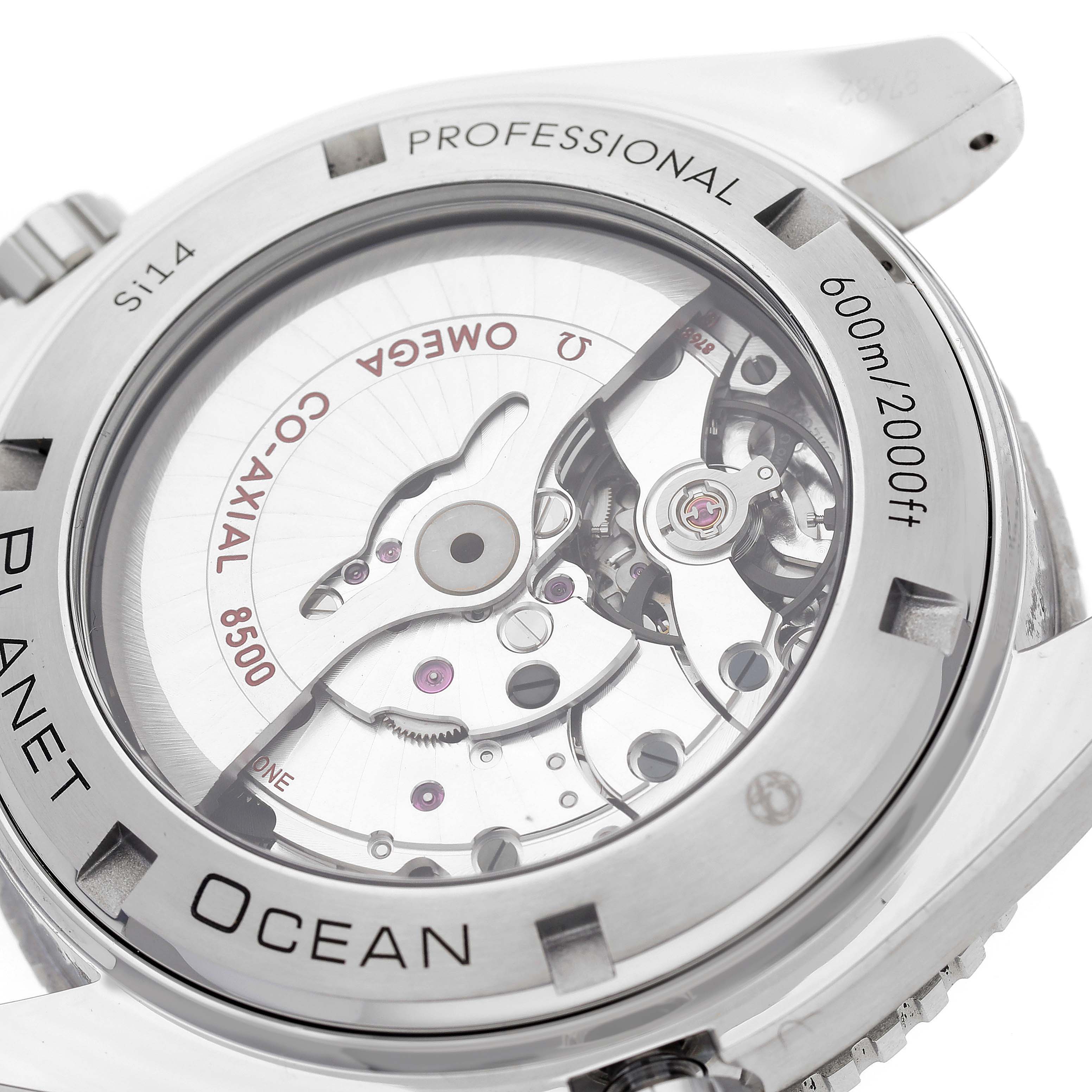 The image shows the back view of the Omega Planet Ocean 232.30.46.21.01.003 Men
s Stainless Steel Black Dial 232.30.46.21.01.003 Men
s Stainless Steel Black Dial watch, highlighting its transparent case back and movement.