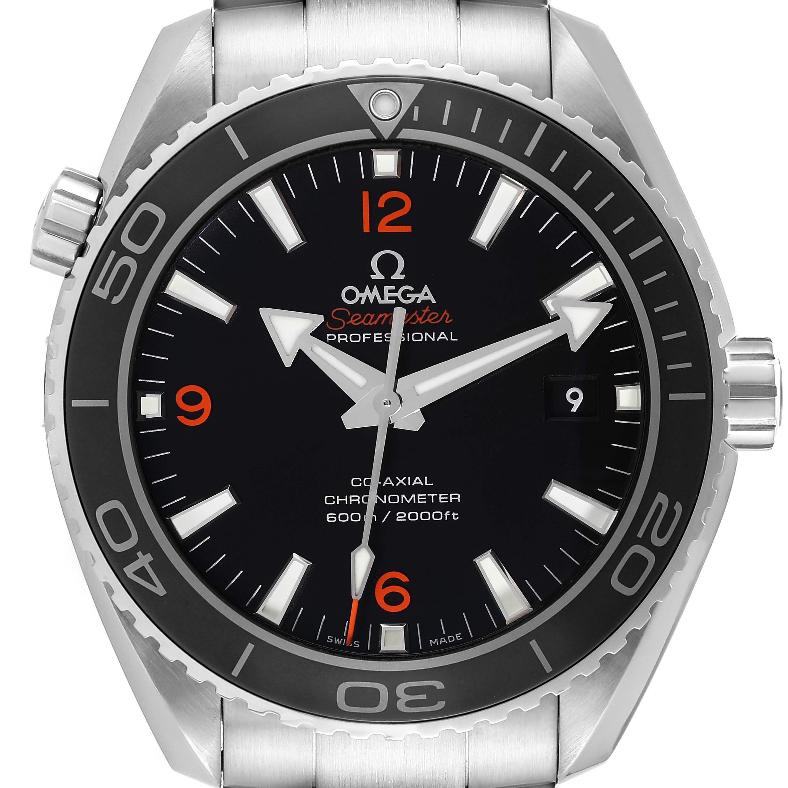 The image shows a front view of an Omega Seamaster Planet Ocean watch, displaying the dial, bezel, and part of the bracelet.