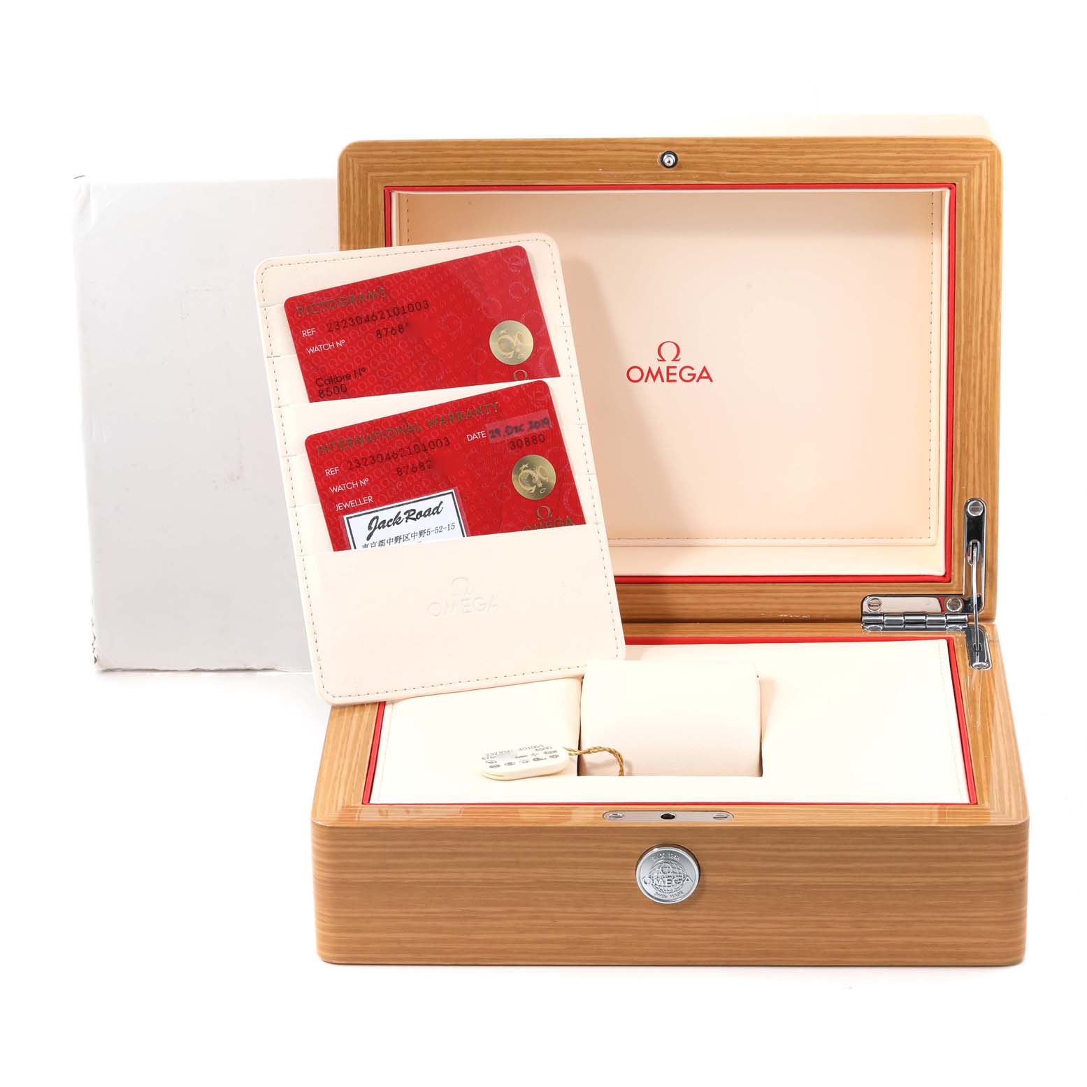 This image shows the box and warranty cards of the Omega Planet Ocean 232.30.46.21.01.003 Men
s Stainless Steel Black Dial 232.30.46.21.01.003 Men
s Stainless Steel Black Dial watch set, presented from a frontal angle.