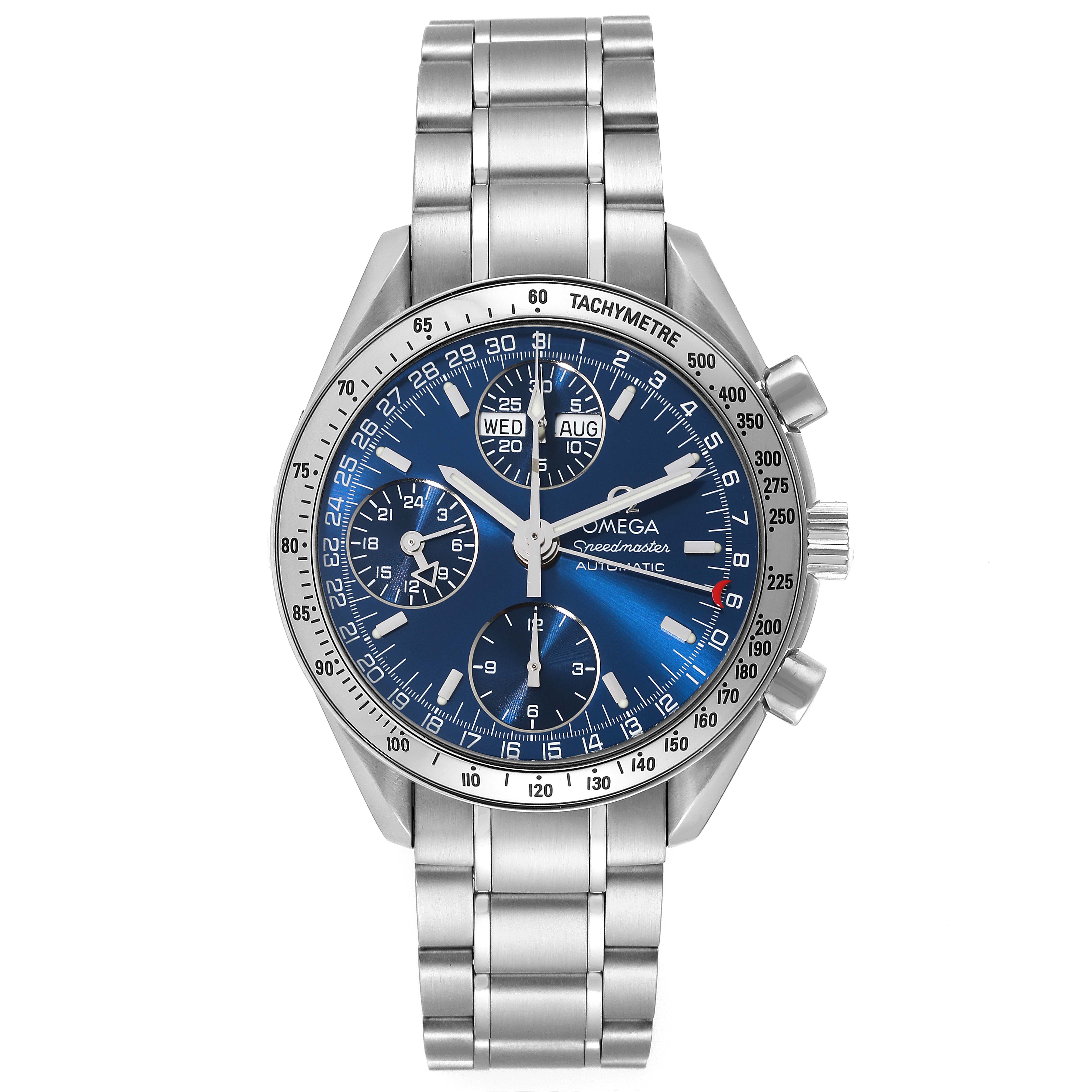 The Omega Speedmaster 3523.80.00 Men
s Stainless Steel Blue Dial 3523.80.00 Men
s Stainless Steel Blue Dial watch is shown from a front angle, highlighting the blue dial, chronograph subdials, and stainless steel bracelet.