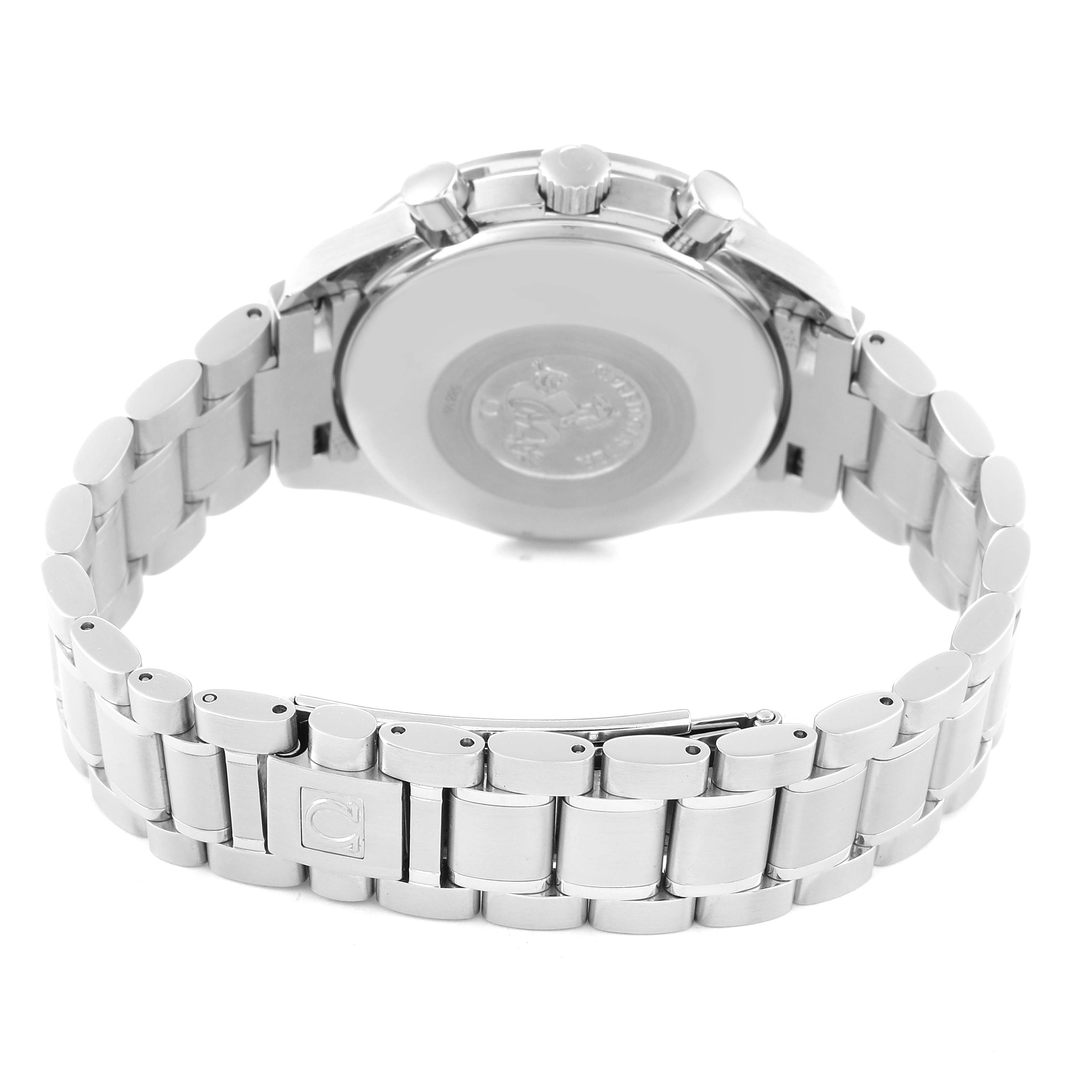 The image shows the back and bracelet of an Omega Speedmaster 3523.80.00 Men
s Stainless Steel Blue Dial 3523.80.00 Men
s Stainless Steel Blue Dial watch at a straight-on angle.