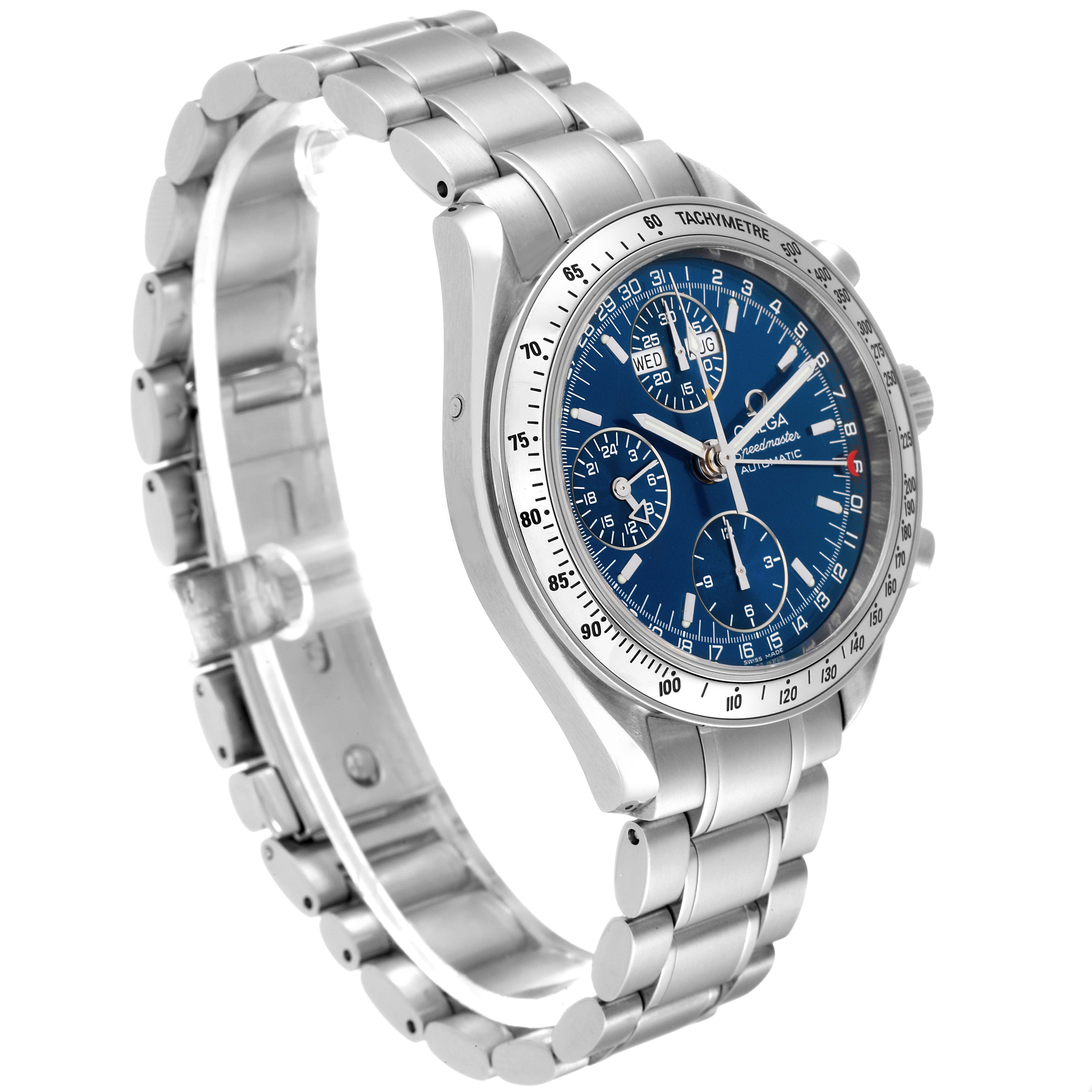 The Omega Speedmaster 3523.80.00 Men
s Stainless Steel Blue Dial 3523.80.00 Men
s Stainless Steel Blue Dial watch is shown at a three-quarter angle, displaying the face, tachymeter bezel, and metal bracelet.
