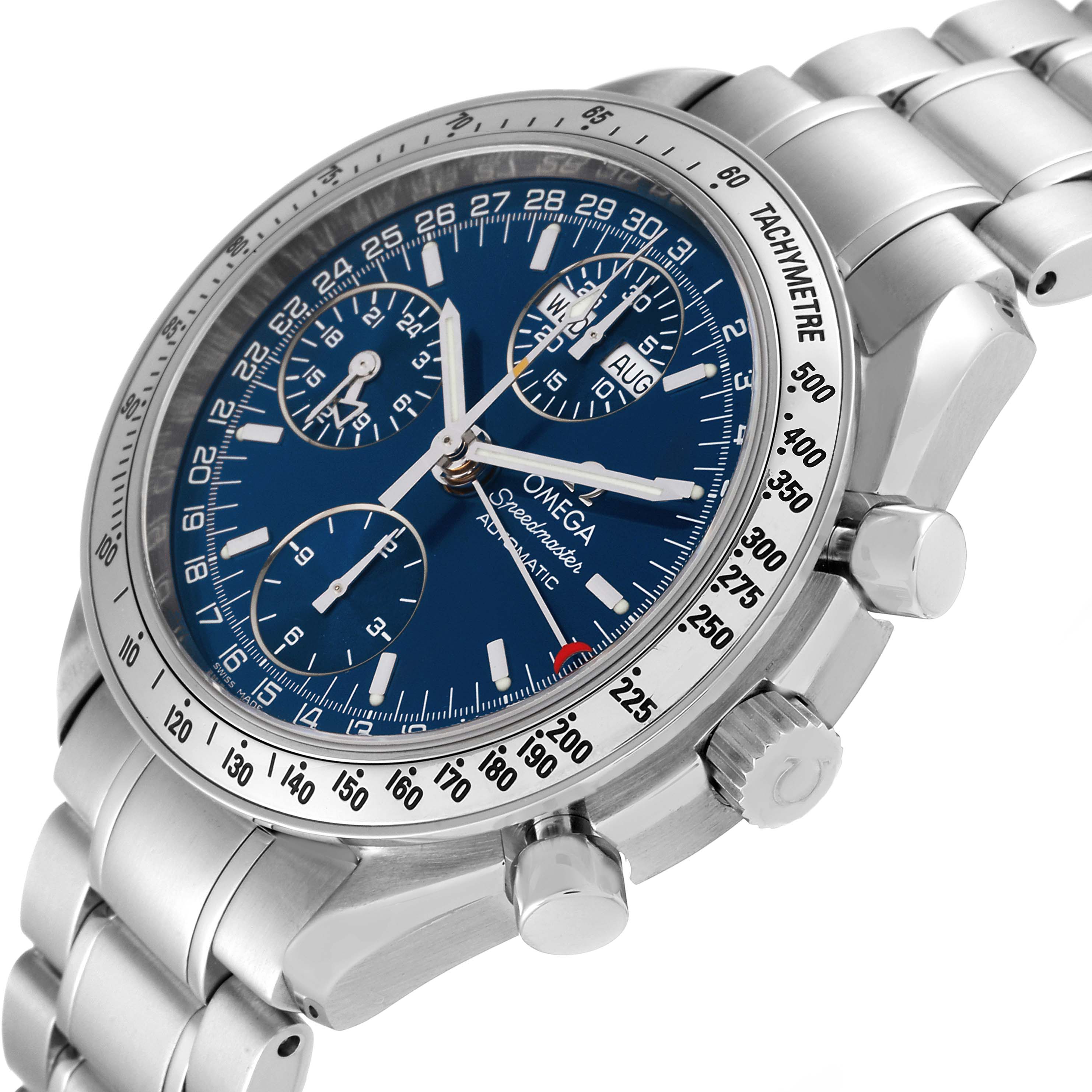 The Omega Speedmaster 3523.80.00 Men
s Stainless Steel Blue Dial 3523.80.00 Men
s Stainless Steel Blue Dial watch is shown at an angled view, highlighting the case, dial, tachymeter bezel, and part of the bracelet.