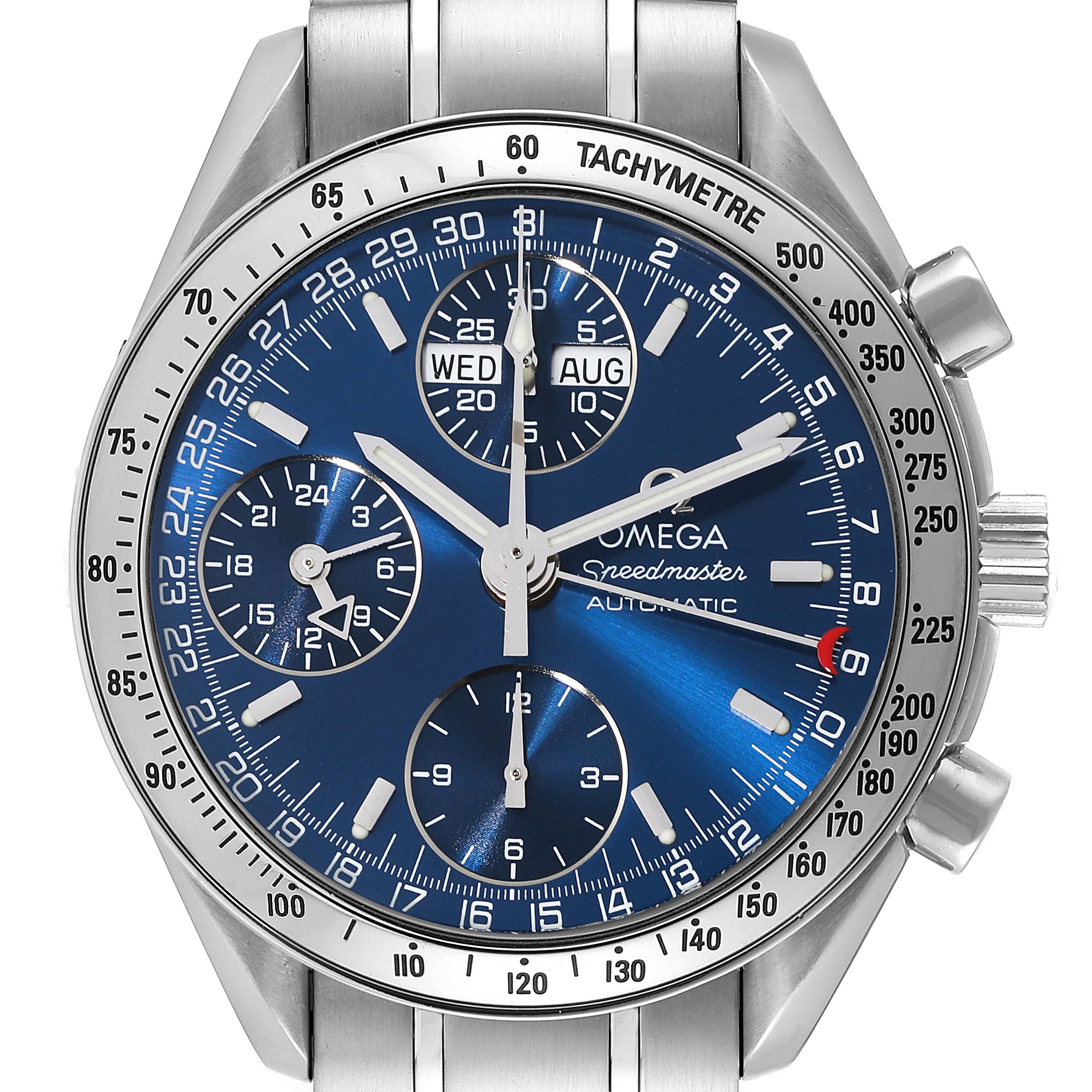 The image shows a front view of the Omega Speedmaster 3523.80.00 Men
s Stainless Steel Blue Dial 3523.80.00 Men
s Stainless Steel Blue Dial watch, highlighting its blue dial, chronograph subdials, and tachymeter scale.