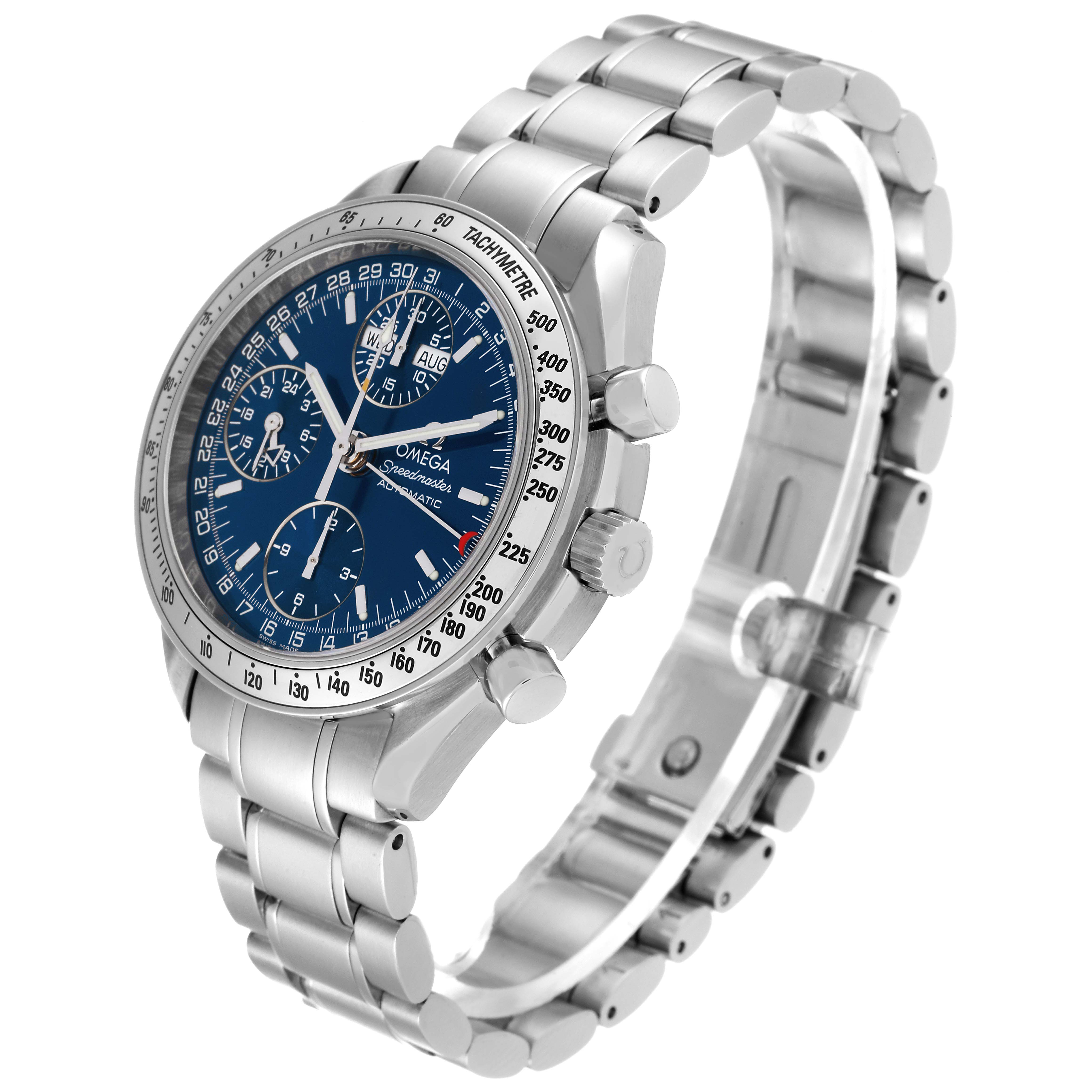 The Omega Speedmaster 3523.80.00 Men
s Stainless Steel Blue Dial 3523.80.00 Men
s Stainless Steel Blue Dial watch is shown at a three-quarter angle, displaying the dial, bezel, crown, and stainless steel bracelet.