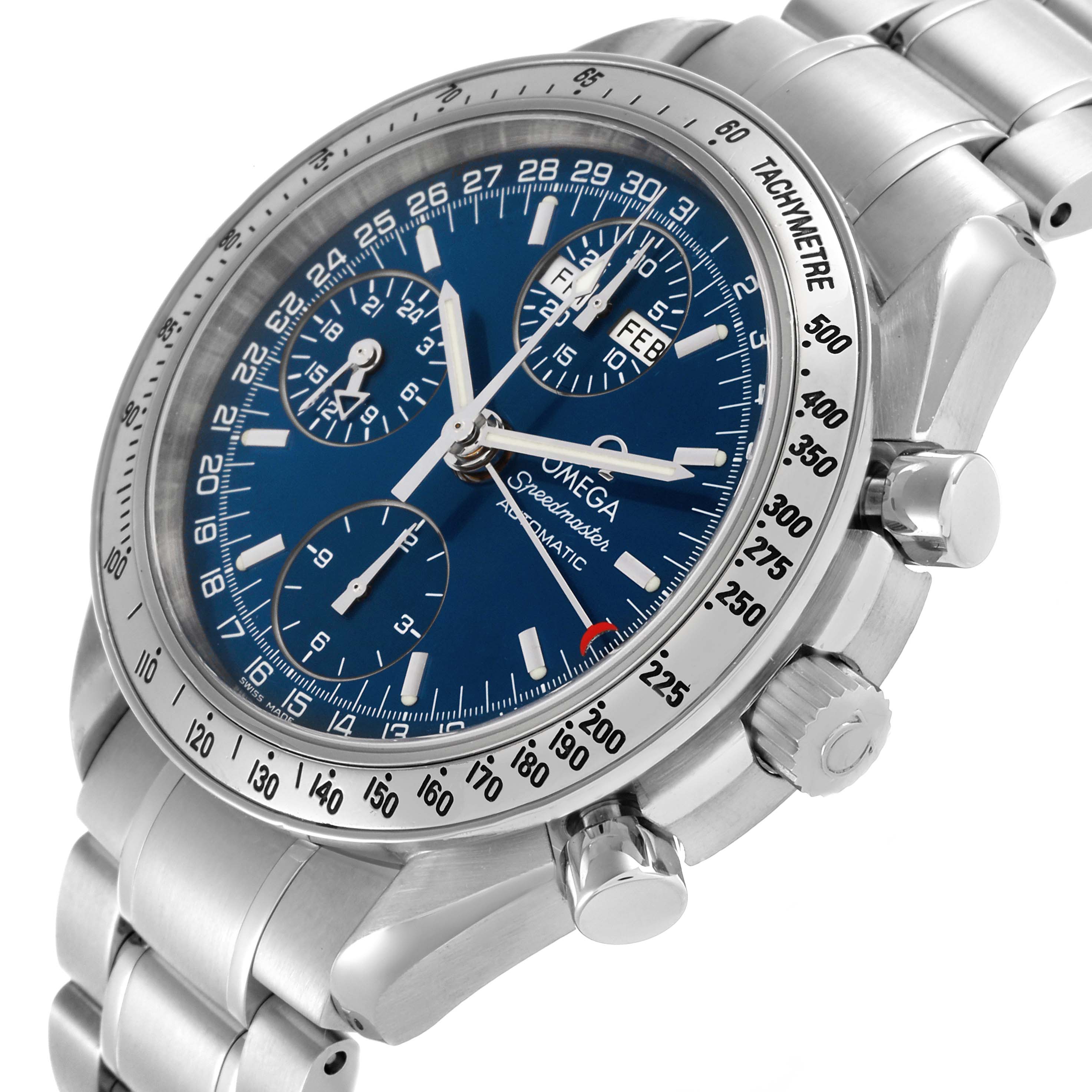 The Omega Speedmaster 3523.80.00 Men
s Stainless Steel Blue Dial 3523.80.00 Men
s Stainless Steel Blue Dial watch is shown from a side angle, featuring its dial, bezel, and bracelet in detail.