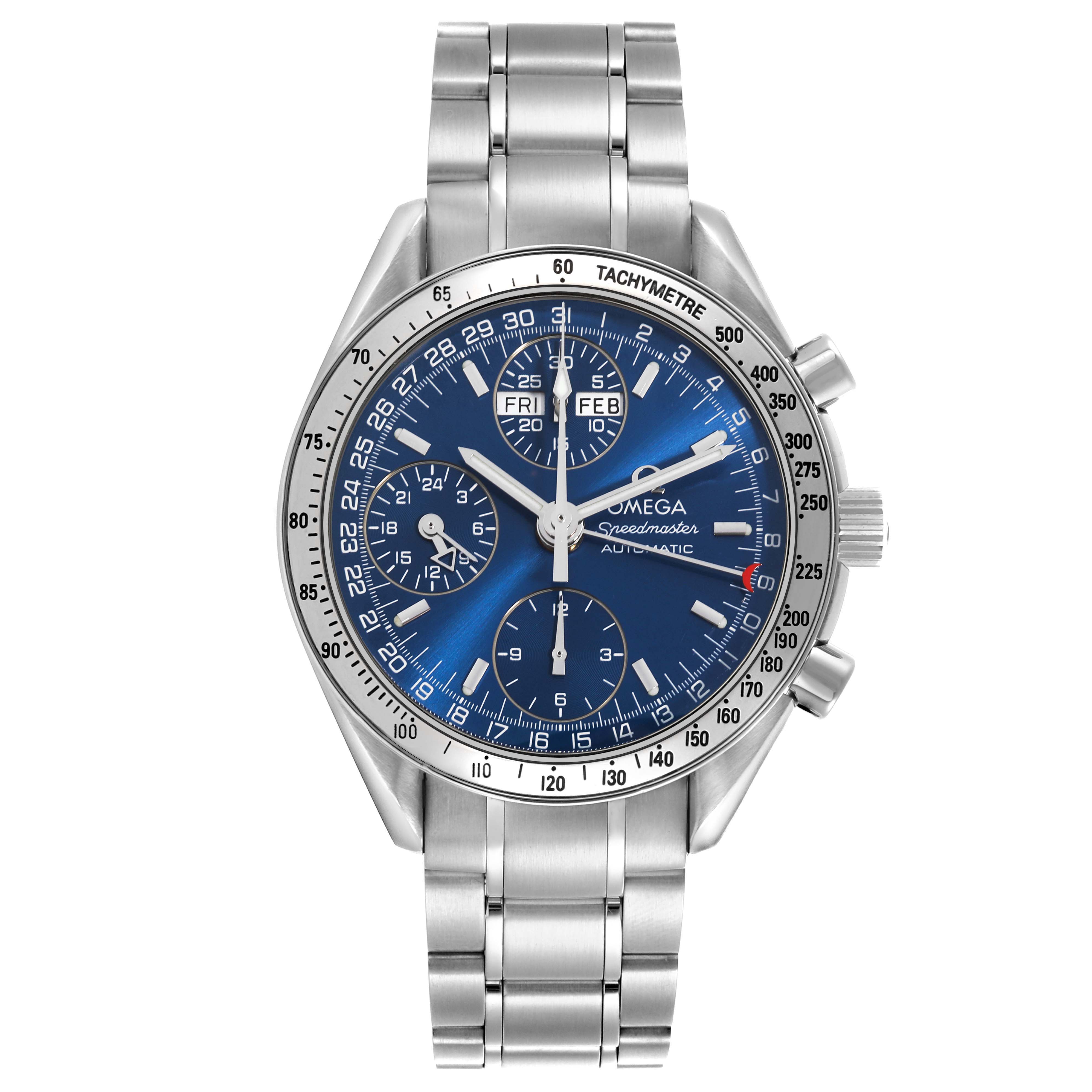 The Omega Speedmaster 3523.80.00 Men
s Stainless Steel Blue Dial 3523.80.00 Men
s Stainless Steel Blue Dial watch is shown from the front, displaying the face, bezel, and stainless steel bracelet.