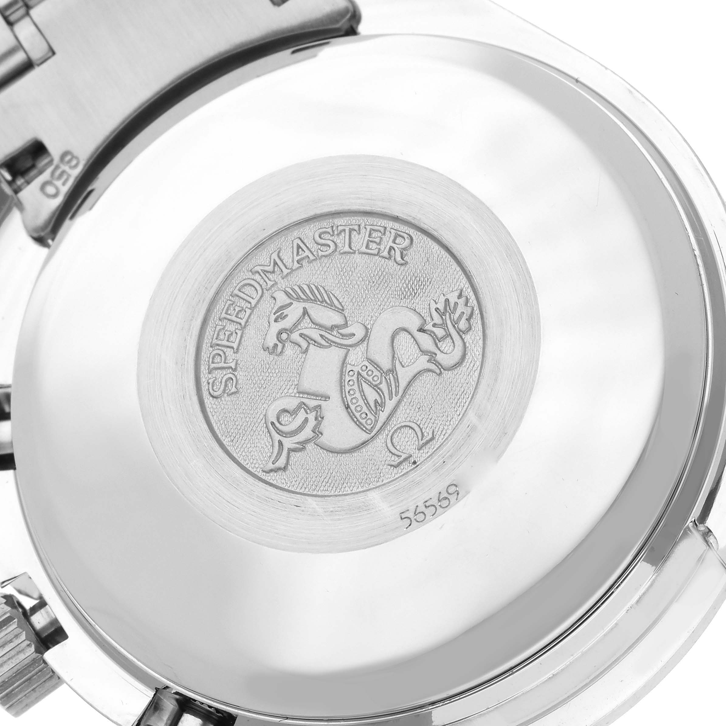 The image shows the engraved case back of an Omega Speedmaster 3523.80.00 Men
s Stainless Steel Blue Dial 3523.80.00 Men
s Stainless Steel Blue Dial watch.