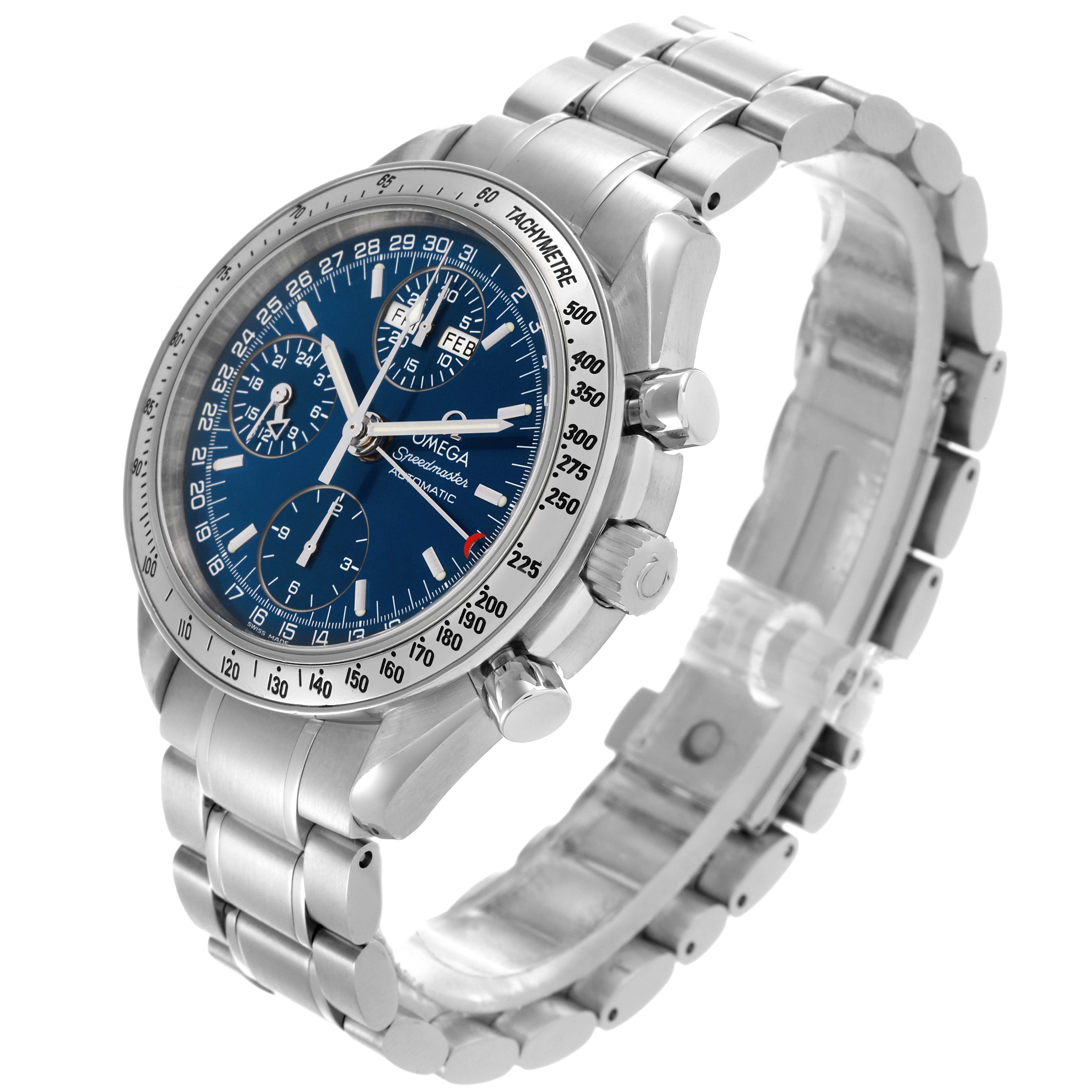 The Omega Speedmaster 3523.80.00 Men
s Stainless Steel Blue Dial 3523.80.00 Men
s Stainless Steel Blue Dial is shown at a three-quarter angle highlighting the face, bezel, crown, pushers, and metal bracelet.