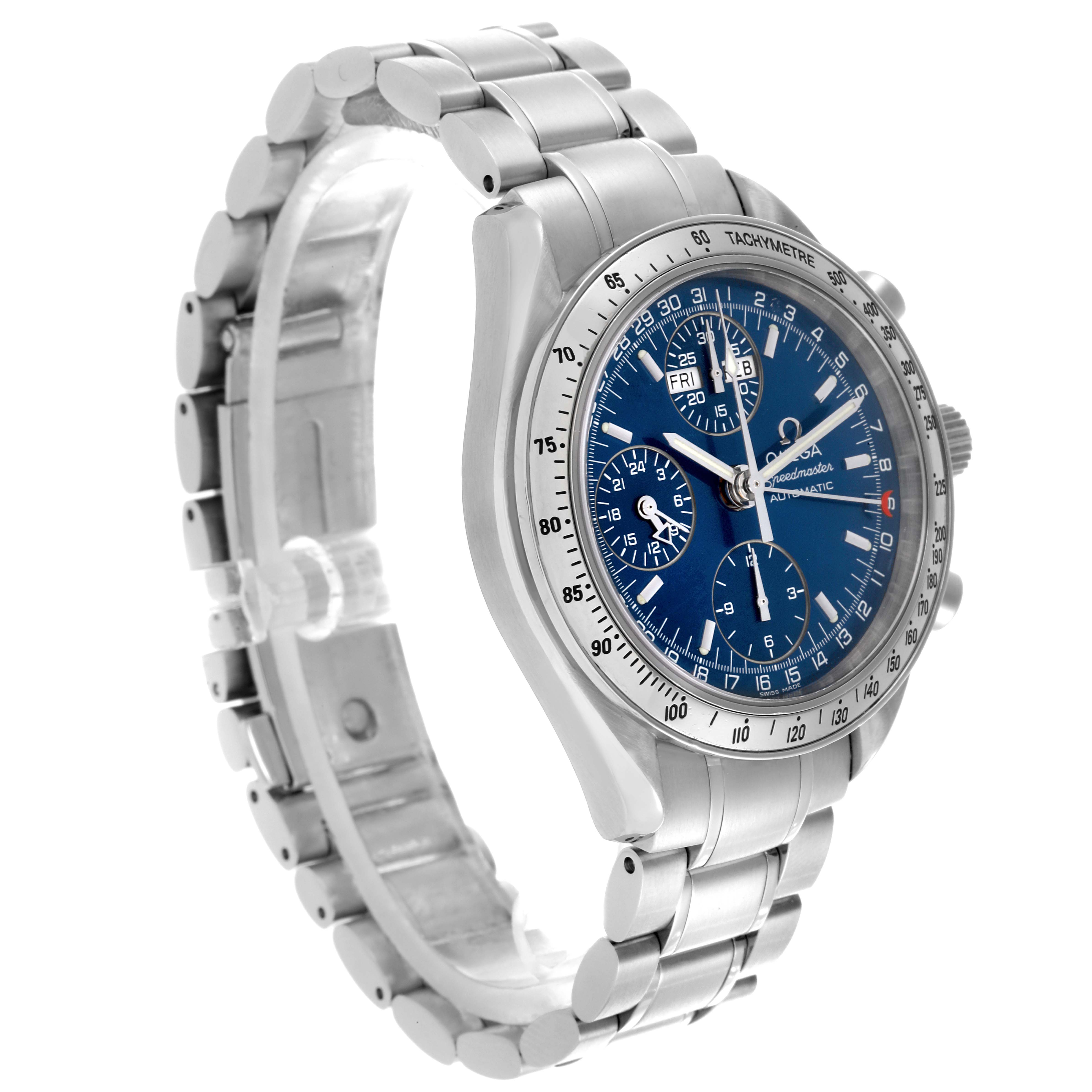 The Omega Speedmaster 3523.80.00 Men
s Stainless Steel Blue Dial 3523.80.00 Men
s Stainless Steel Blue Dial model is shown from a side angle, highlighting the case, dial, bracelet, and tachymeter bezel.