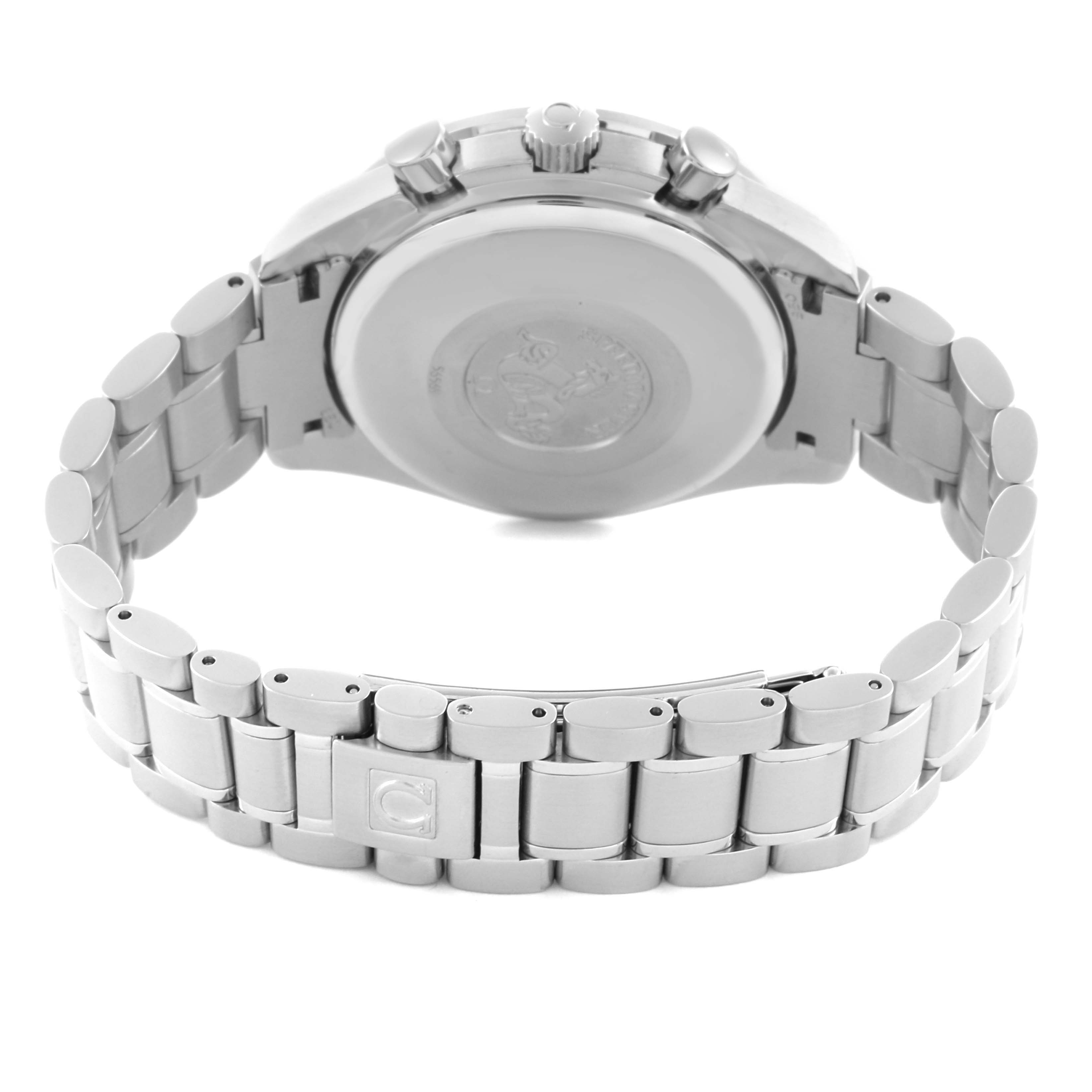 The image shows the back and bracelet of an Omega Speedmaster 3523.80.00 Men
s Stainless Steel Blue Dial 3523.80.00 Men
s Stainless Steel Blue Dial, including the clasp and case back.