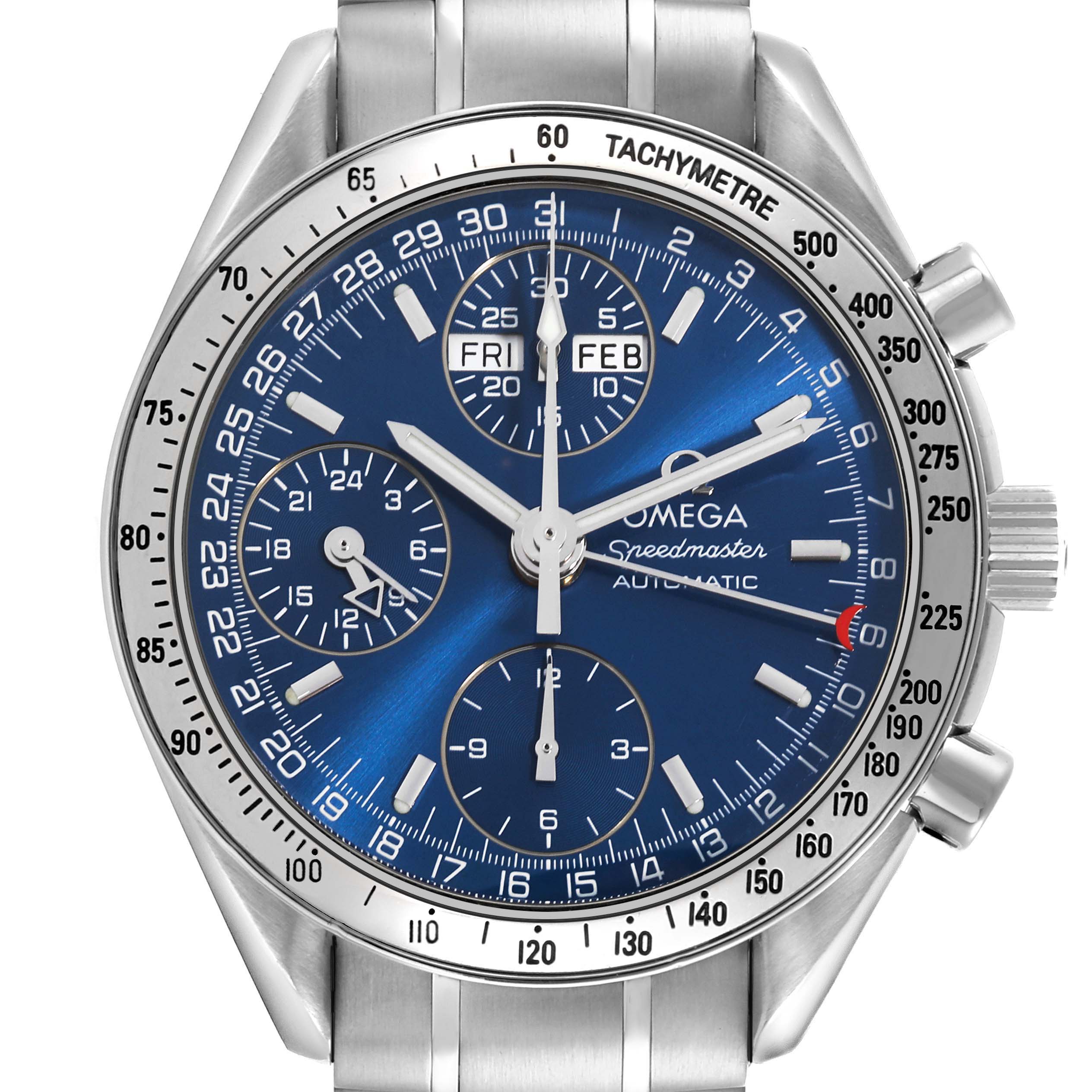 The Omega Speedmaster 3523.80.00 Men
s Stainless Steel Blue Dial 3523.80.00 Men
s Stainless Steel Blue Dial watch is shown from the front, displaying the dial, subdials, hands, bezel, and crown.