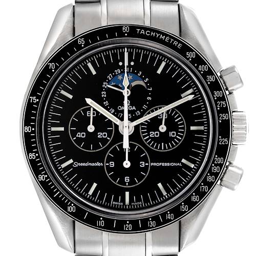 The Omega Speedmaster is shown from a front angle, highlighting its dial, tachymeter bezel, and pushers.