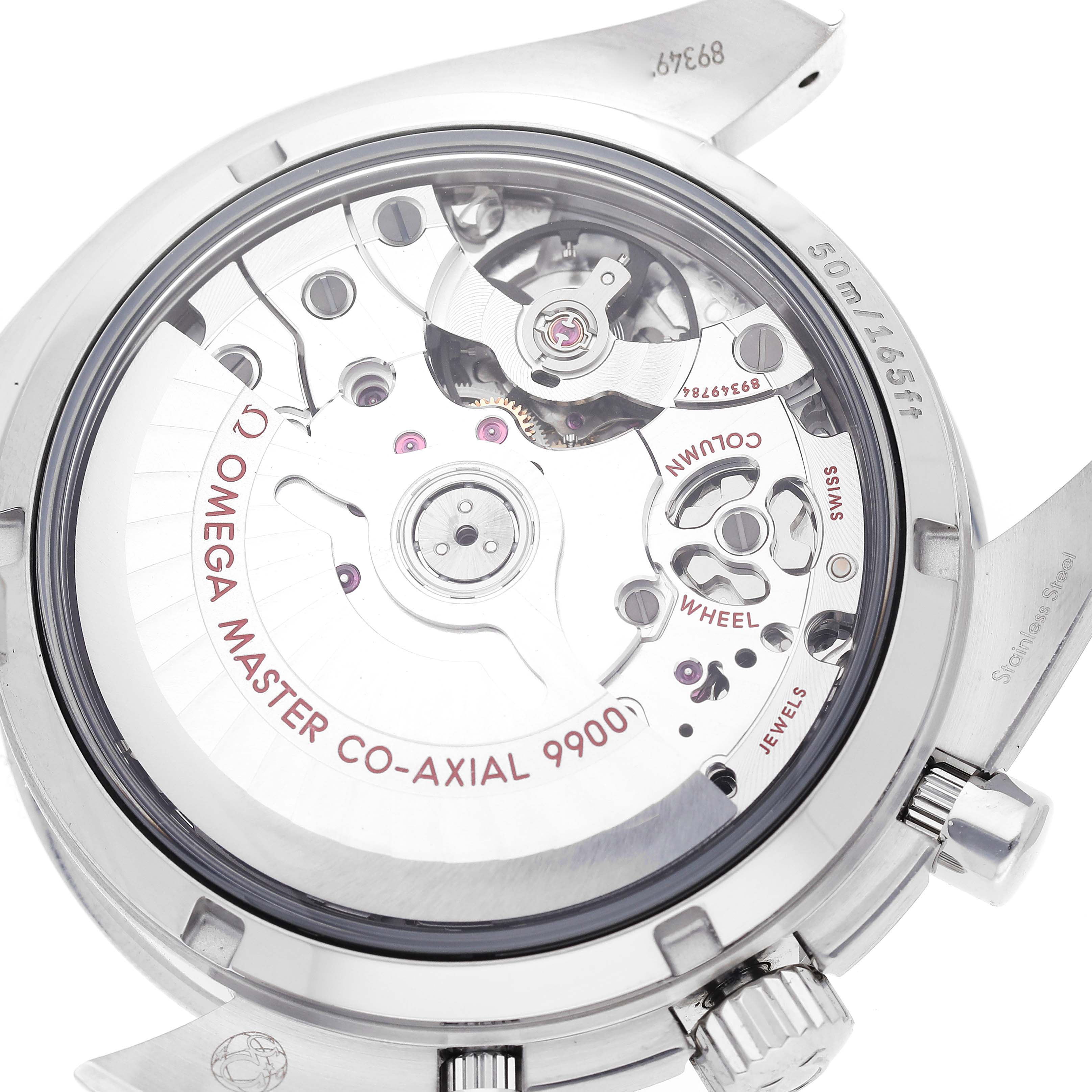 This image shows the back view of the Omega Speedmaster 329.33.44.51.04.001 Men
s Stainless Steel Silver Dial 329.33.44.51.04.001 Men
s Stainless Steel Silver Dial watch, displaying the intricate movement and inner mechanisms.