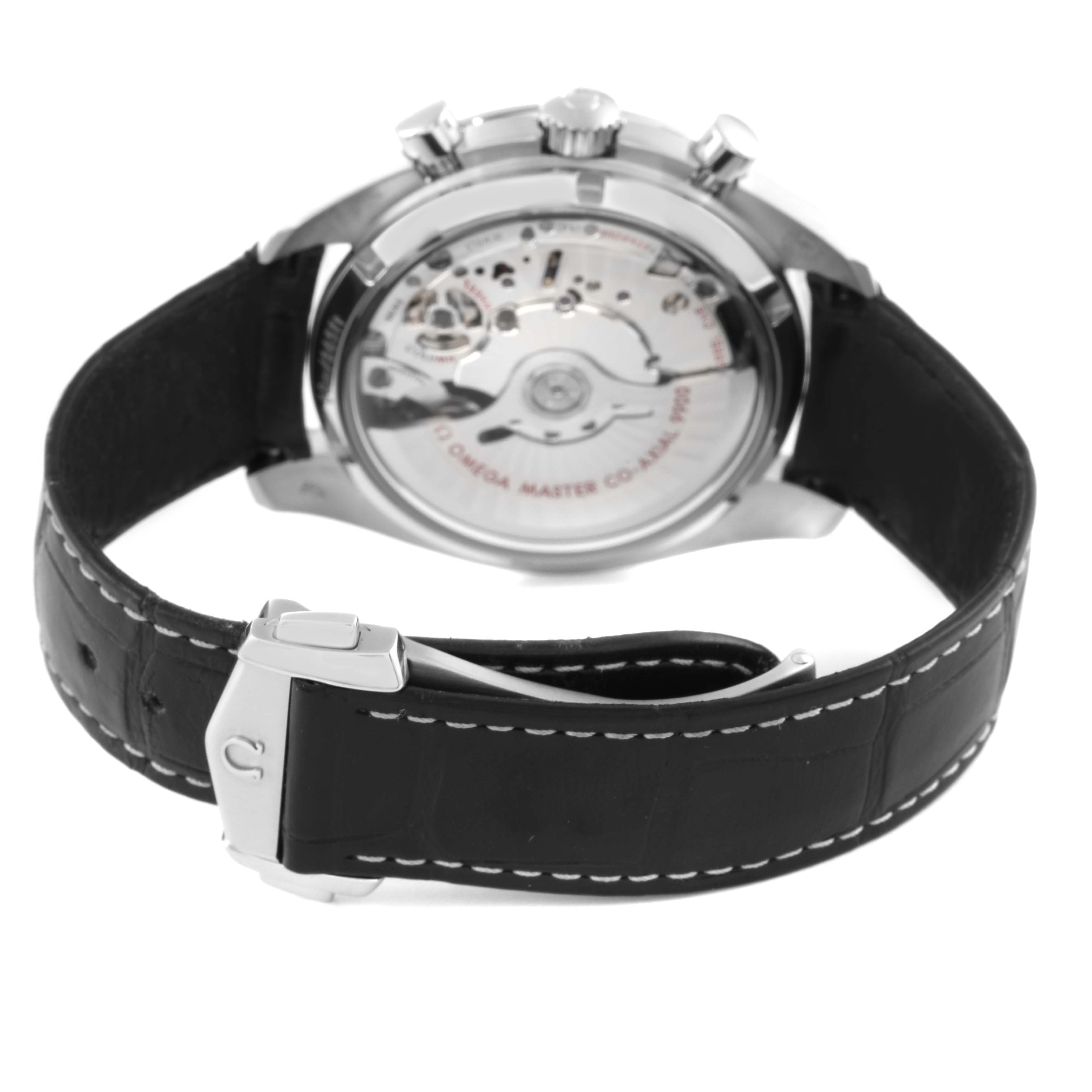 The image shows the back view of an Omega Speedmaster 329.33.44.51.04.001 Men
s Stainless Steel Silver Dial 329.33.44.51.04.001 Men
s Stainless Steel Silver Dial watch, highlighting the movement mechanism and black leather strap.