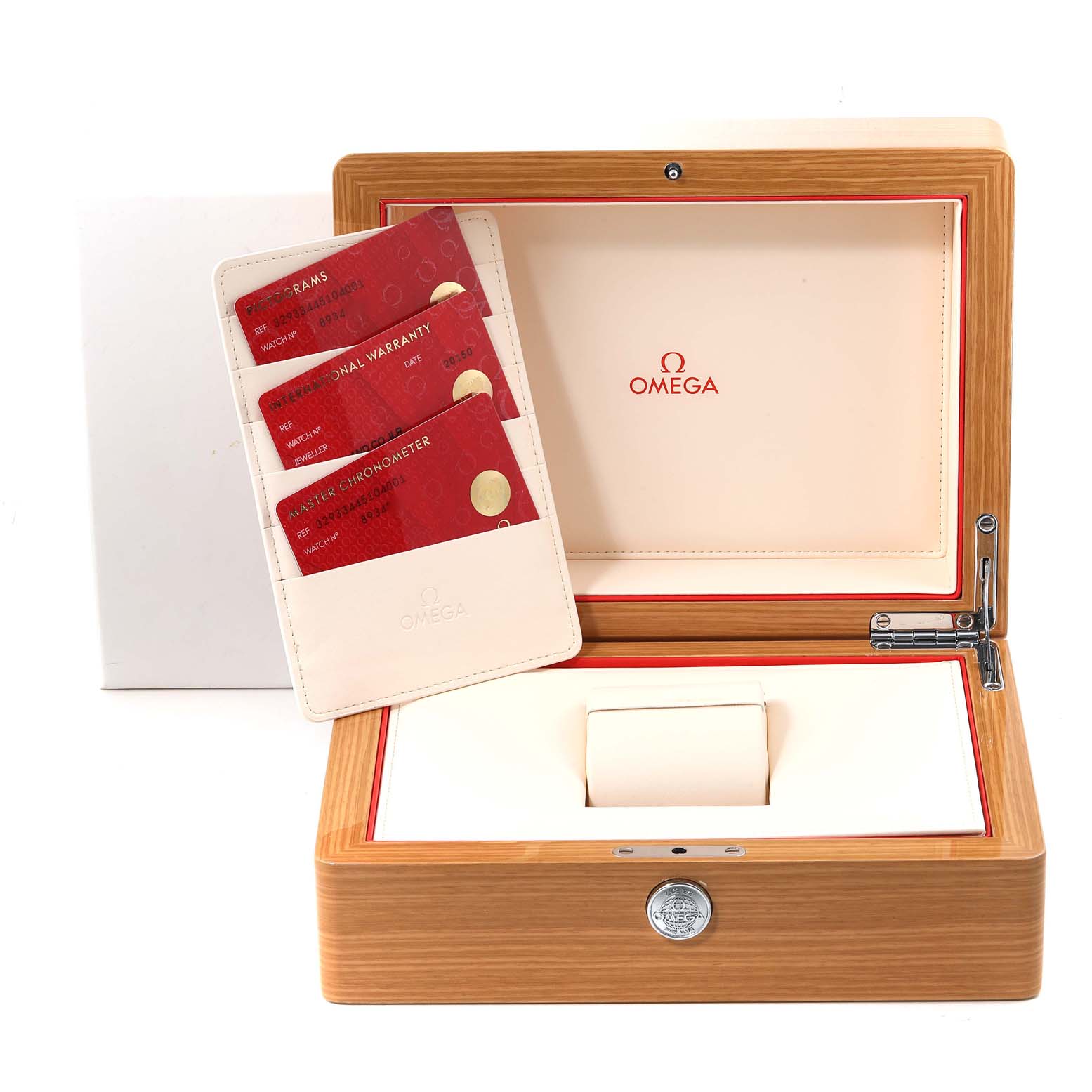 The image shows an Omega Speedmaster 329.33.44.51.04.001 Men
s Stainless Steel Silver Dial 329.33.44.51.04.001 Men
s Stainless Steel Silver Dial watch box and three red cards inside a white cardholder.