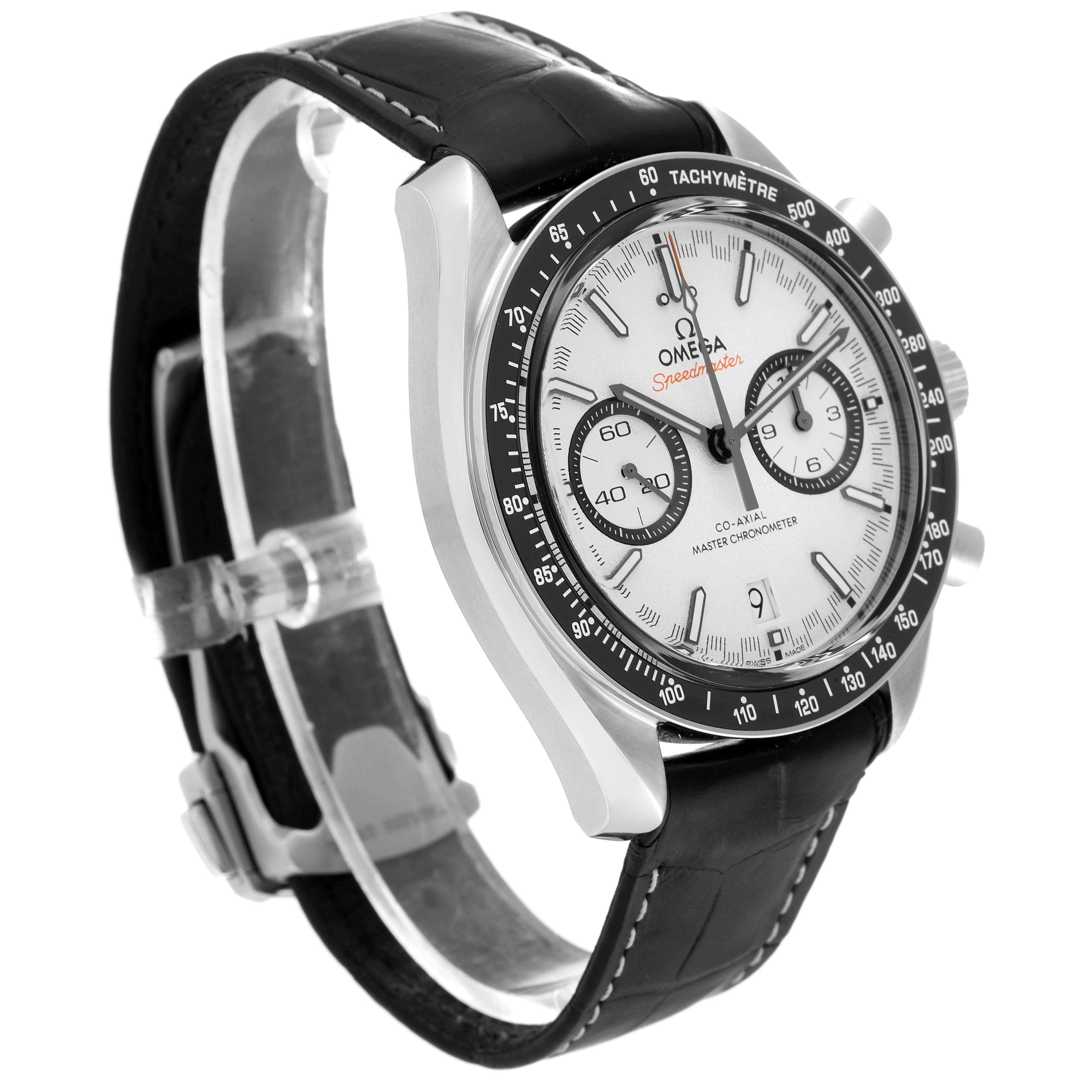 The image shows an angled side view of an Omega Speedmaster 329.33.44.51.04.001 Men
s Stainless Steel Silver Dial 329.33.44.51.04.001 Men
s Stainless Steel Silver Dial watch, highlighting the face, bezel, and black leather strap.