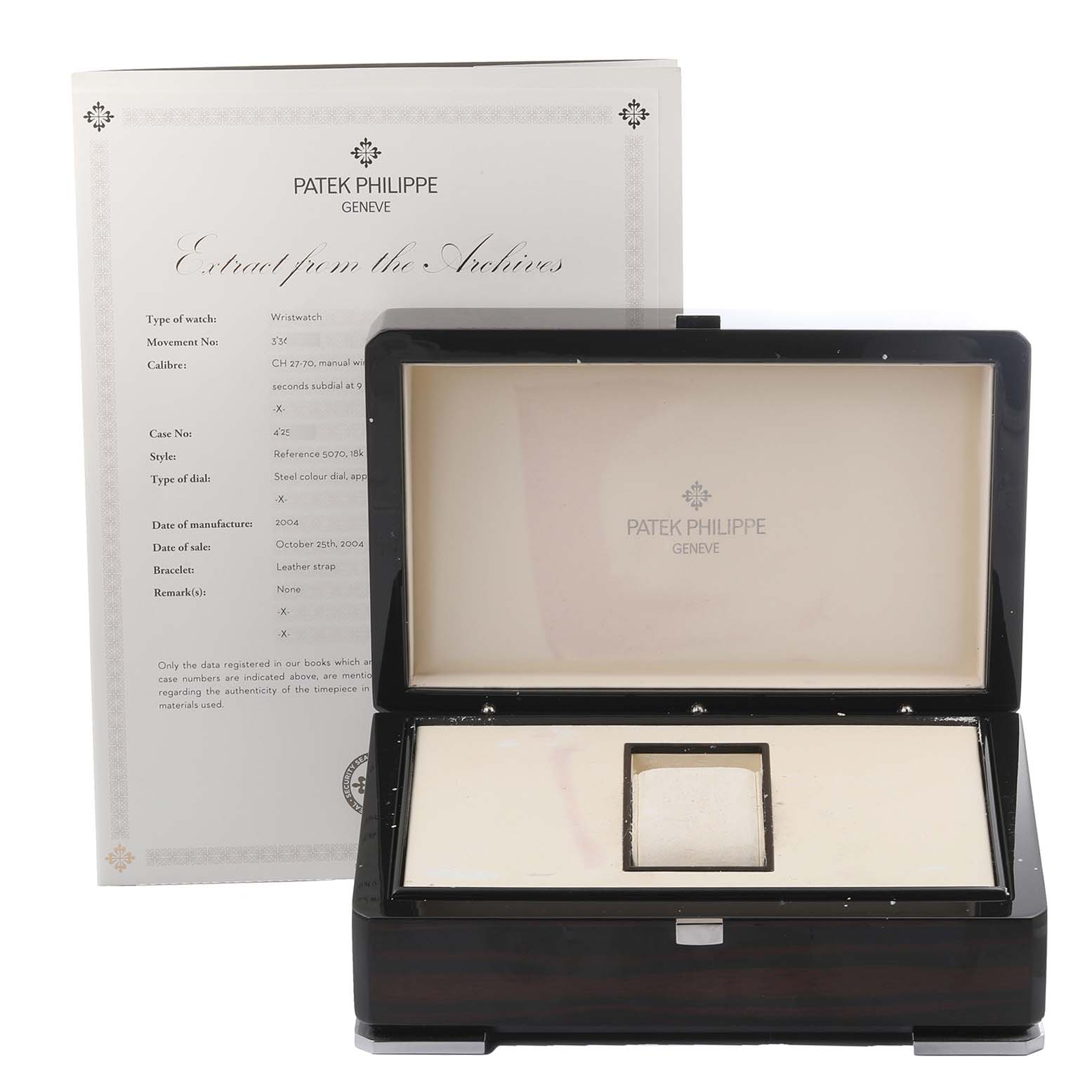 The image shows a Patek Philippe Complications 5070R-001 Men's Rose Gold Silver Dial watch case and an accompanying certificate, viewed from the front.