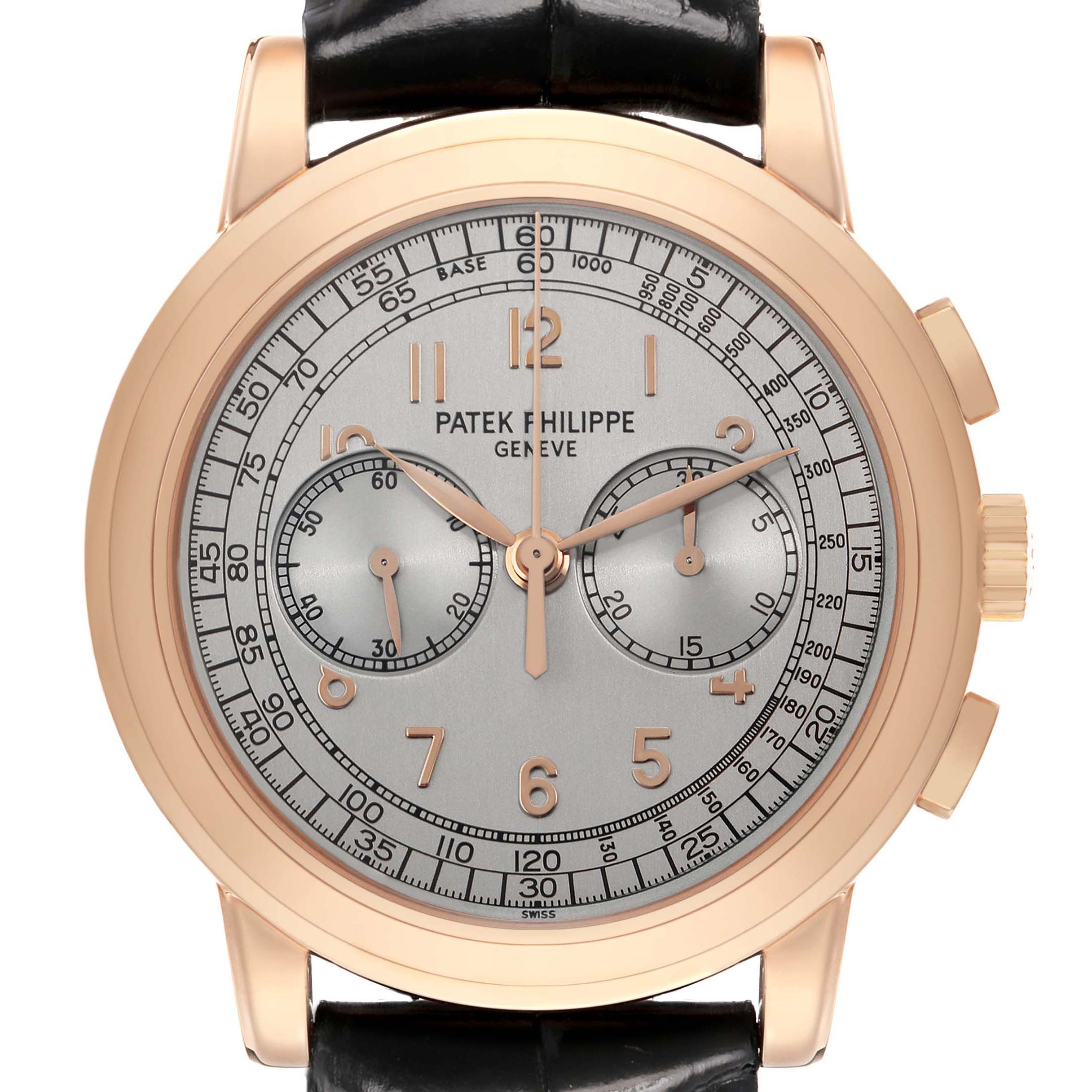 The Patek Philippe Complications 5070R-001 Men's Rose Gold Silver Dial watch is shown from the front, highlighting its dial, subdials, hands, and crown.