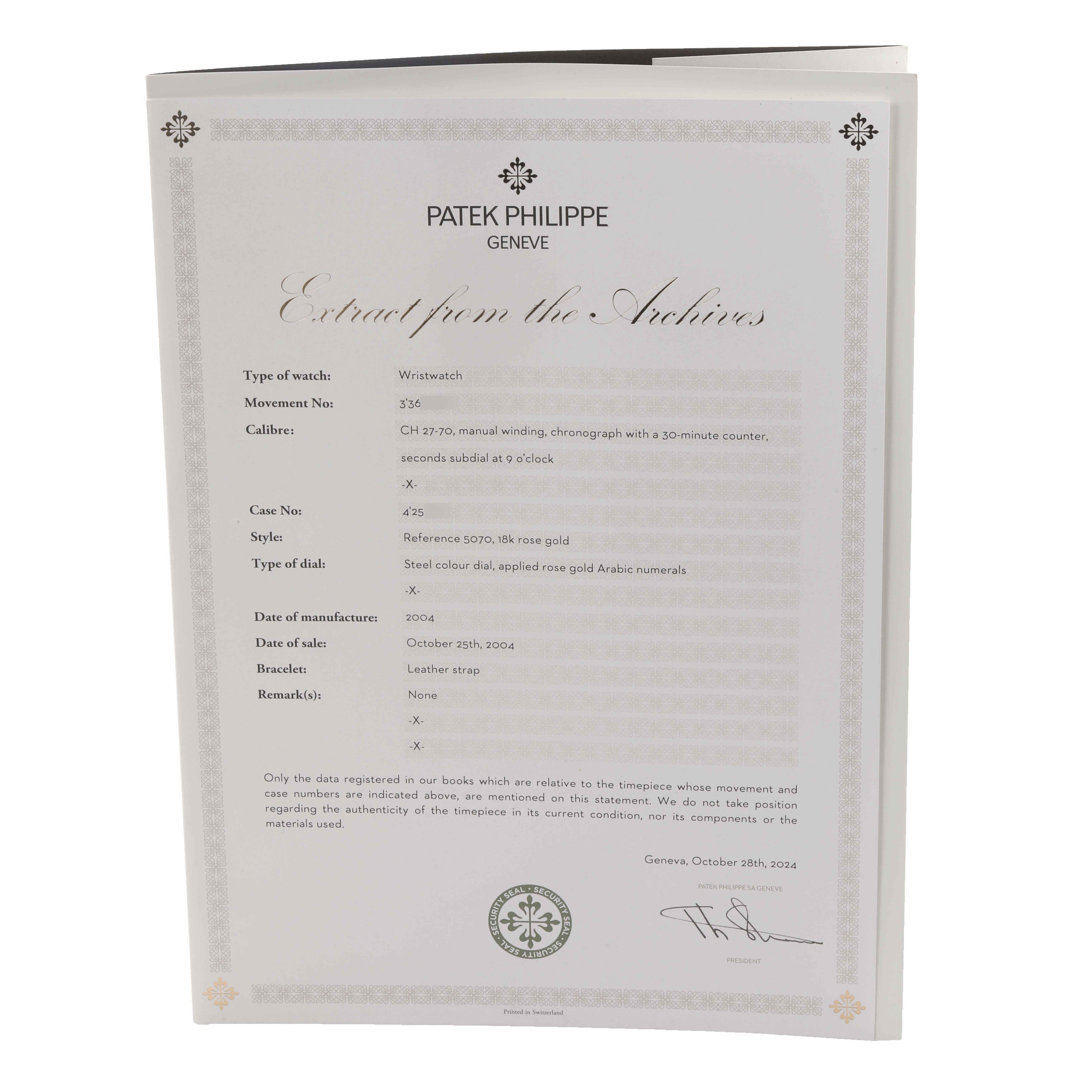 The image shows an "Extract from the Archives" document for a Patek Philippe Complications 5070R-001 Men's Rose Gold Silver Dial model with details about the watch.