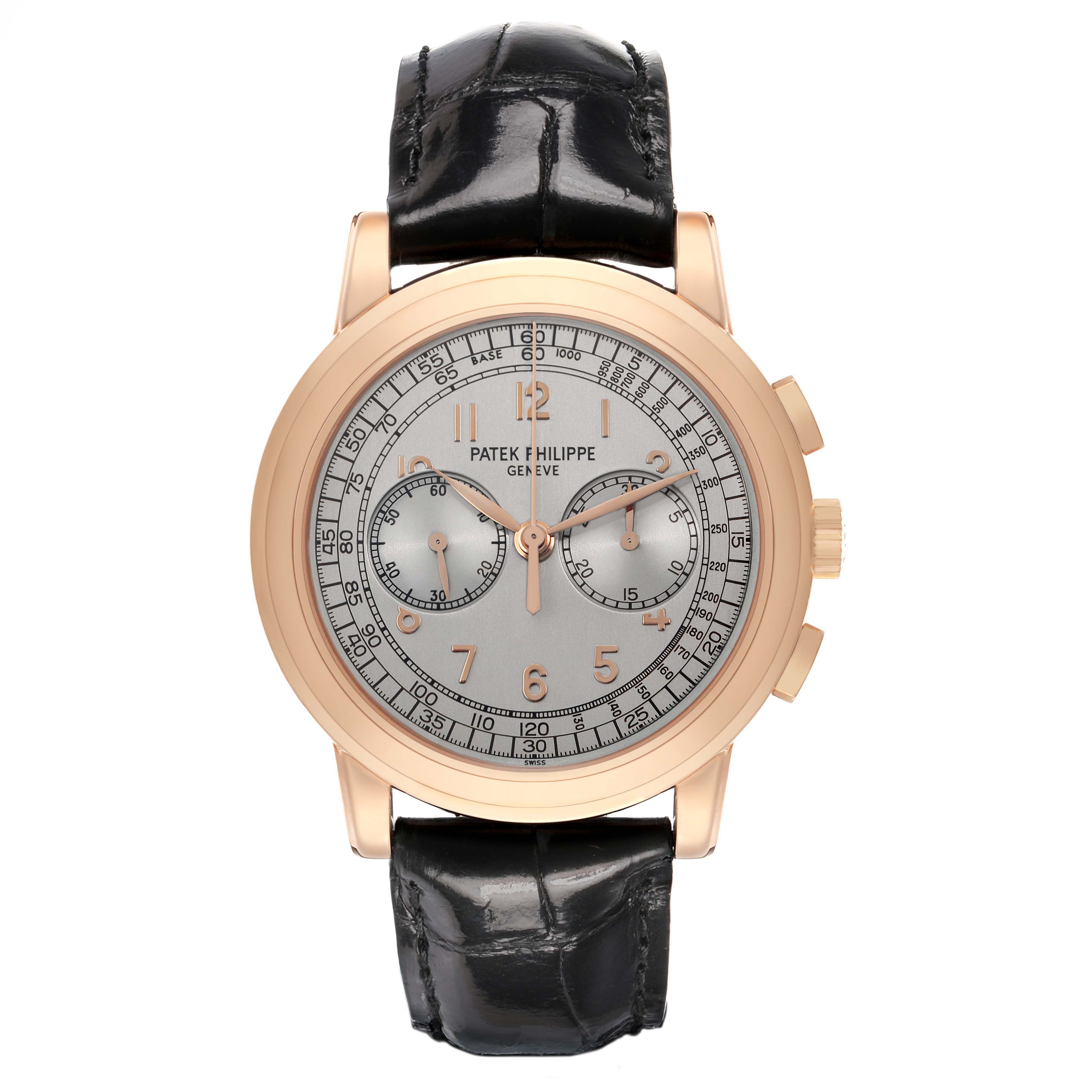 The Patek Philippe Complications 5070R-001 Men's Rose Gold Silver Dial watch is shown from a front angle, displaying the face, dial, and leather strap.