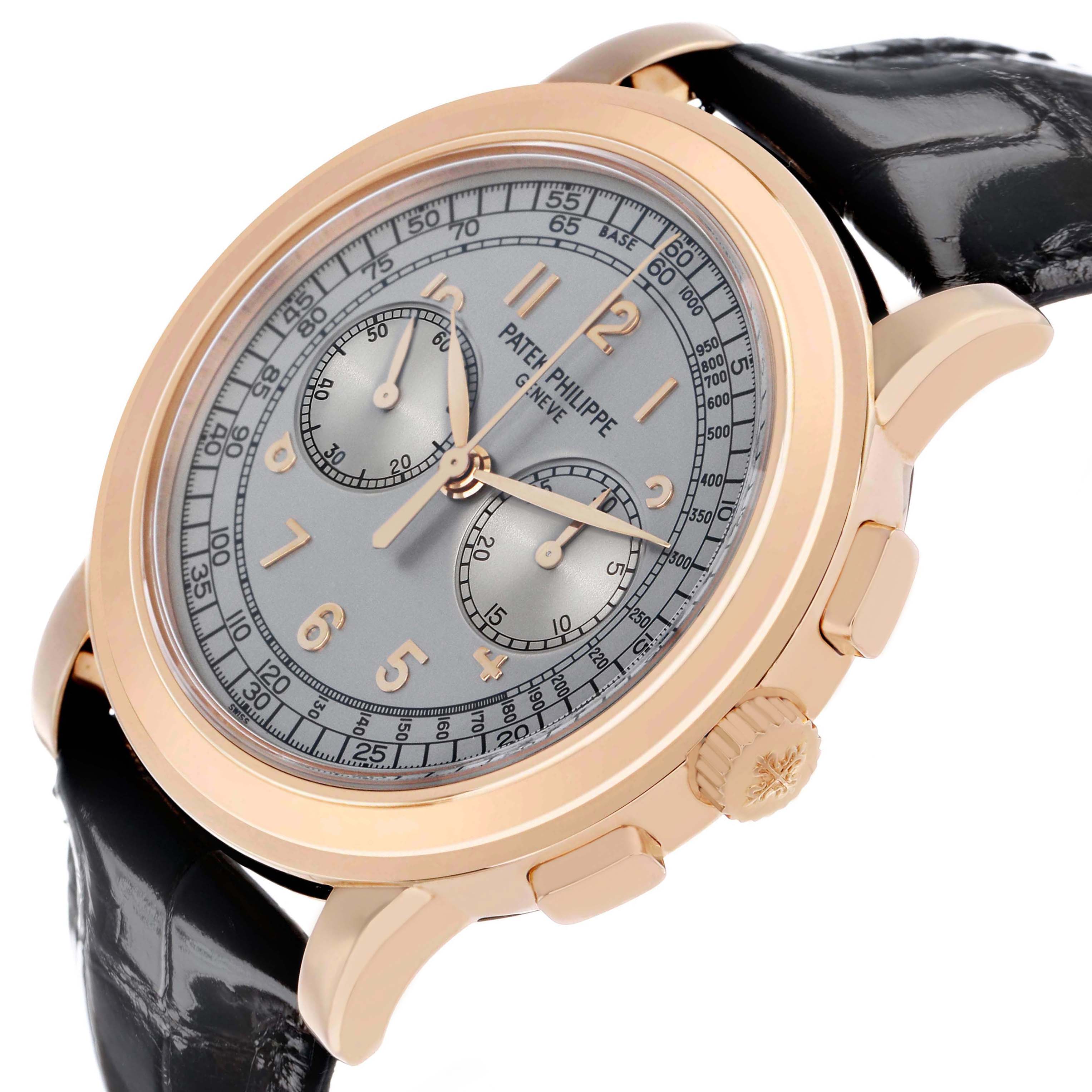 The Patek Philippe Complications 5070R-001 Men's Rose Gold Silver Dial watch is shown at a slight side angle, revealing the dial, subdials, crown, and pushers.