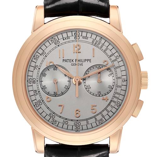 The Patek Philippe Complications 5070R-001 Men's Rose Gold Silver Dial model is shown from the front, displaying the dial, sub-dials, and leather strap.