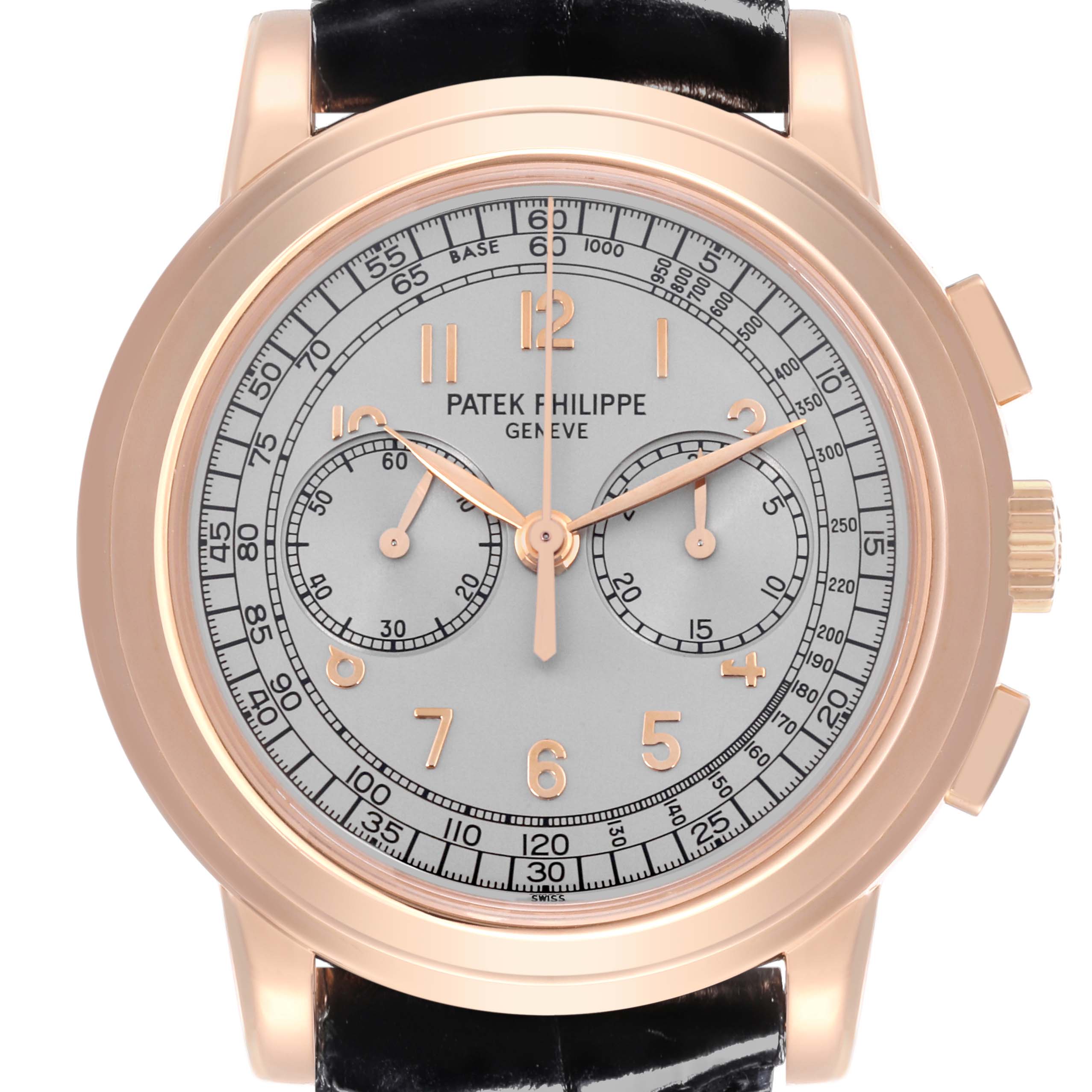 The Patek Philippe Complications 5070R Men's Rose Gold Silver Dial 5070R Men's Rose Gold Silver Dial watch is shown from the front, displaying its dial, hands, sub-dials, and crown.