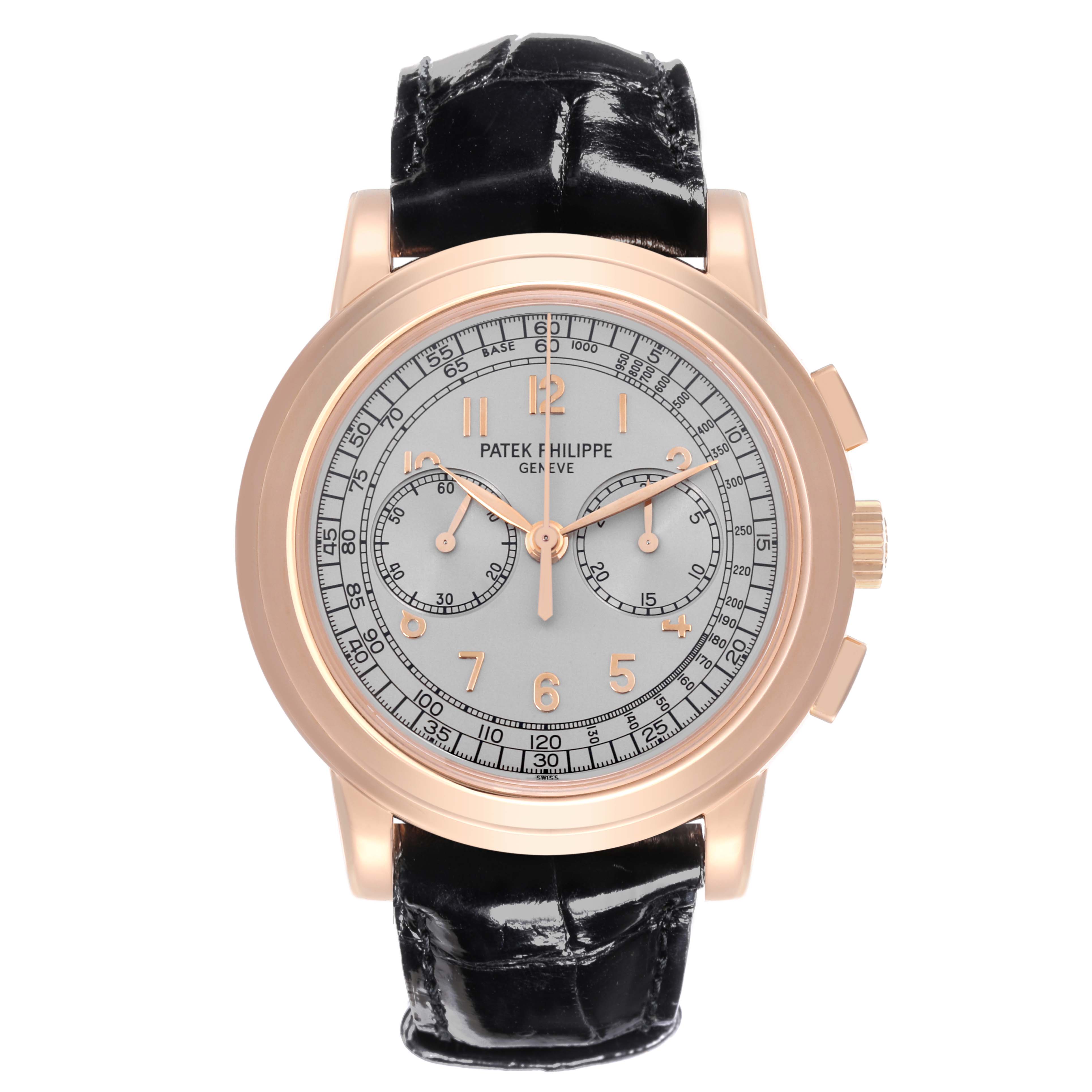 The Patek Philippe Complications 5070R Men's Rose Gold Silver Dial 5070R Men's Rose Gold Silver Dial watch is shown from the front, displaying its face and black leather strap.