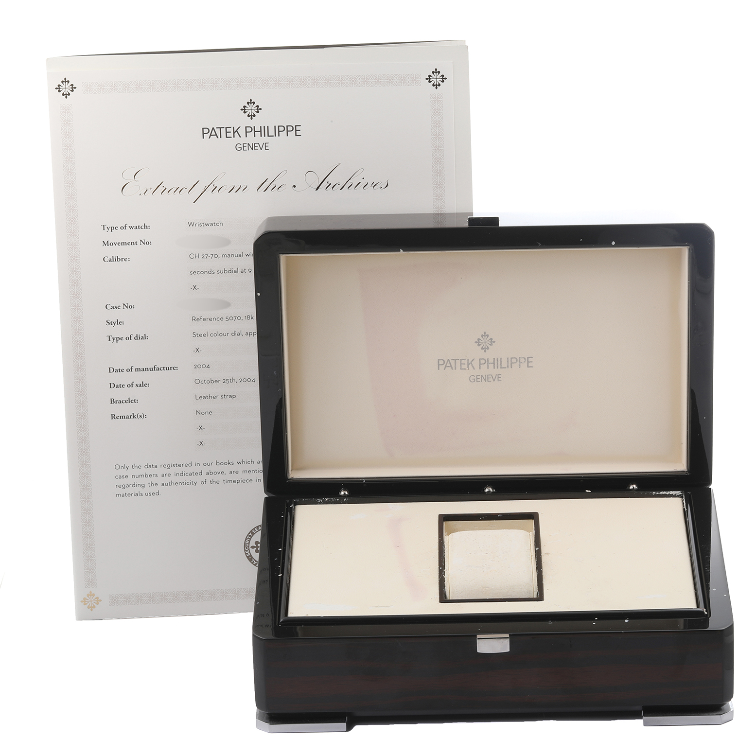 The image shows a Patek Philippe Complications 5070R Men's Rose Gold Silver Dial 5070R Men's Rose Gold Silver Dial watch box and certificate from the side angle.