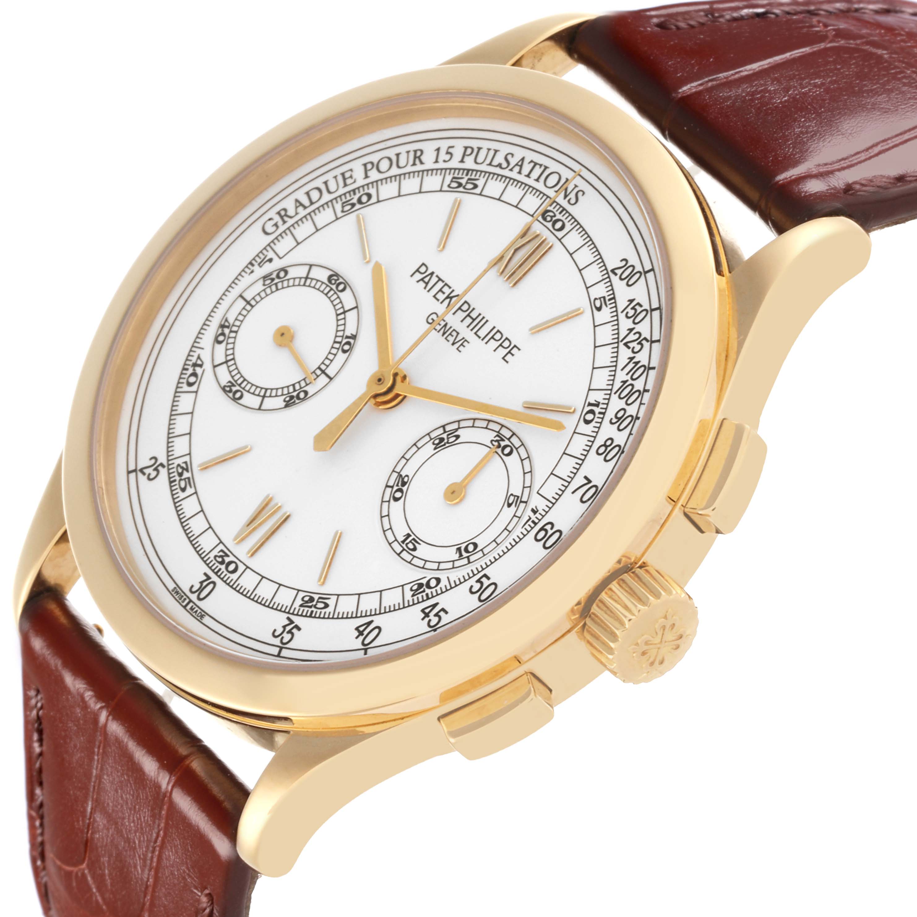 The Patek Philippe Complications 5170J Men's Yellow Gold Silver Dial 5170J Men's Yellow Gold Silver Dial watch is shown from a side angle, highlighting the dial, case, crown, and leather strap.