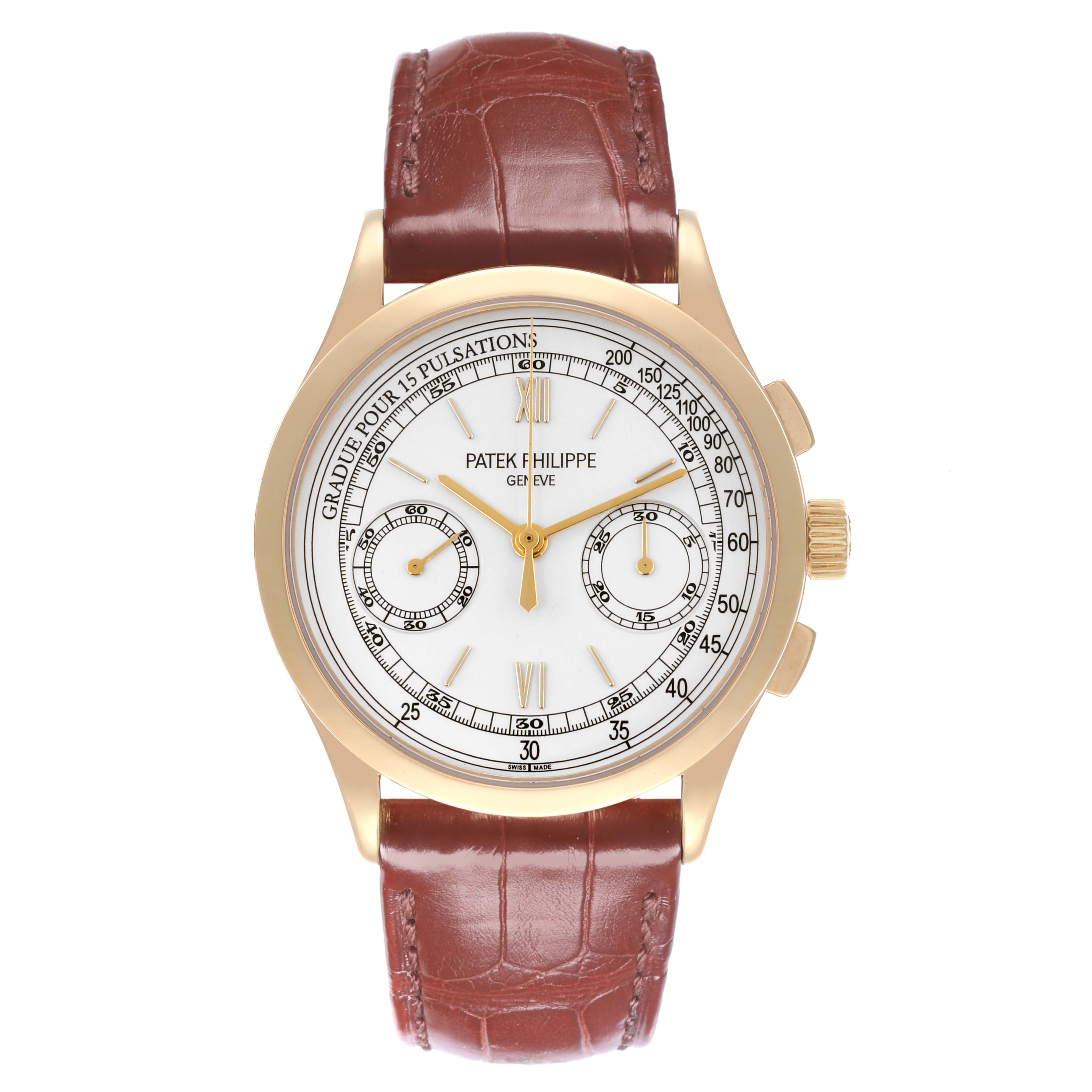 The Patek Philippe Complications 5170J Men's Yellow Gold Silver Dial 5170J Men's Yellow Gold Silver Dial model is shown from a top view, highlighting the watch face, bezel, and leather strap.