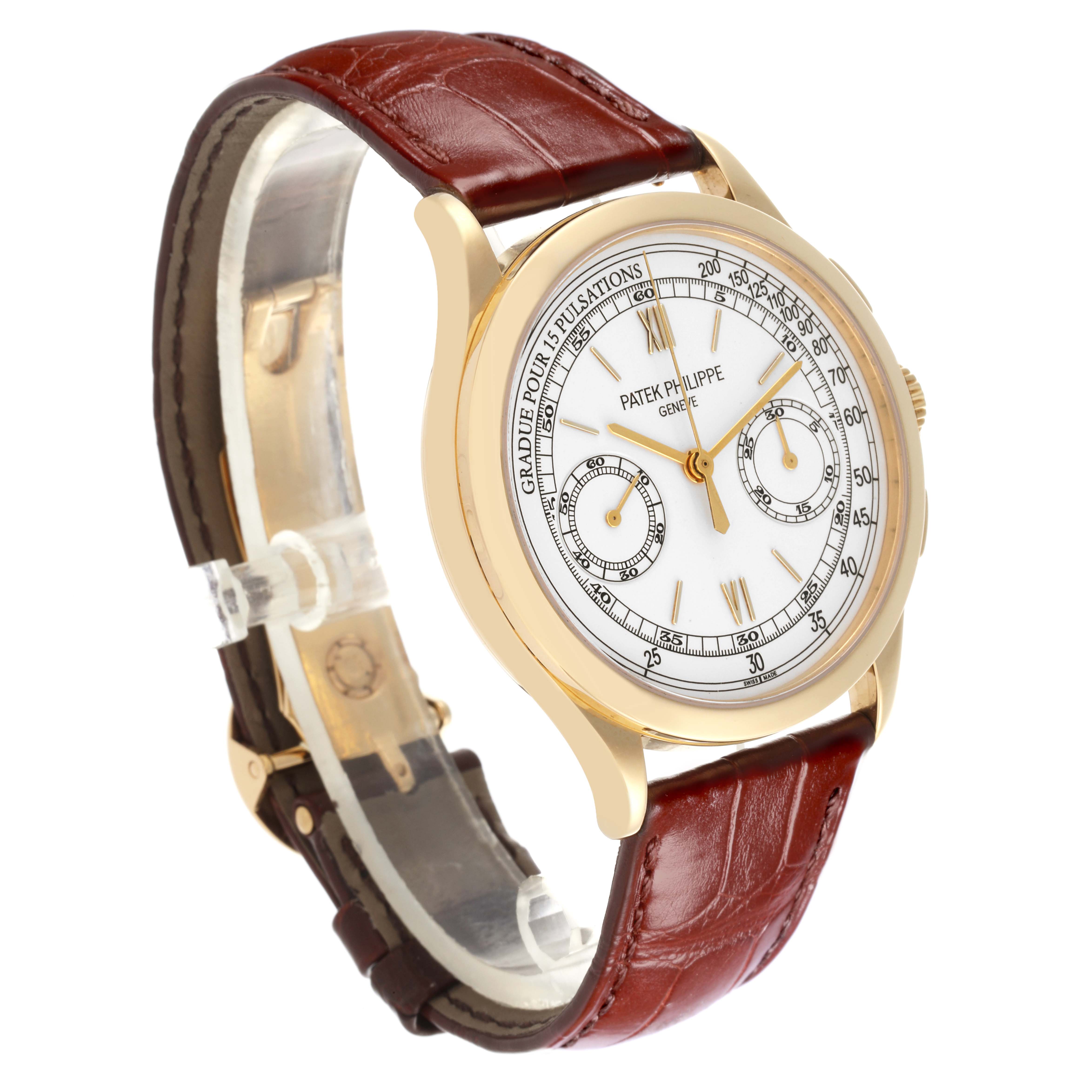 The Patek Philippe Complications 5170J Men's Yellow Gold Silver Dial 5170J Men's Yellow Gold Silver Dial watch is shown at a three-quarter angle, displaying the face, bezel, and brown leather strap.