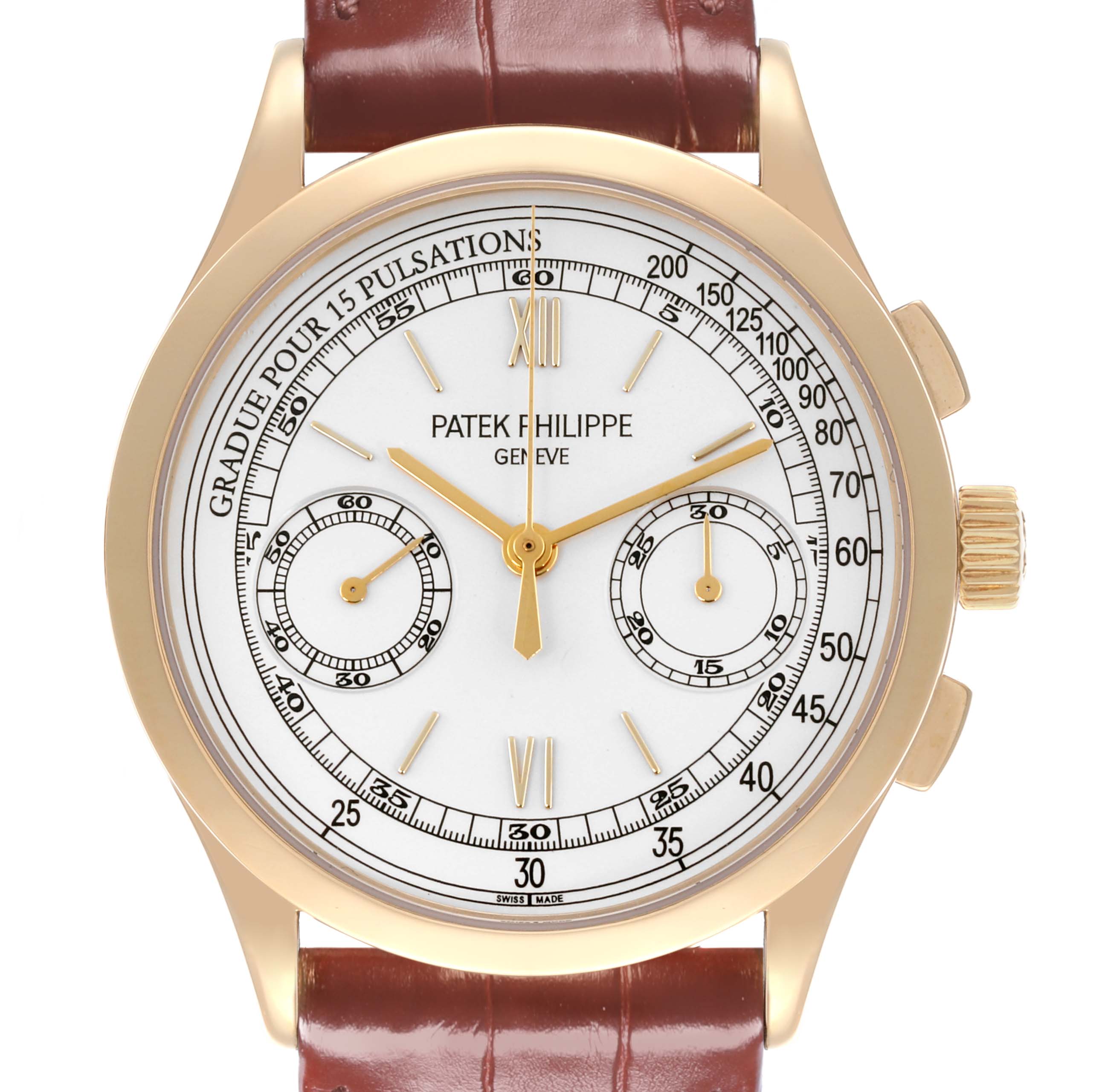 The Patek Philippe Complications 5170J Men's Yellow Gold Silver Dial 5170J Men's Yellow Gold Silver Dial watch is shown from the front, displaying its dial, hands, subdials, and crown.