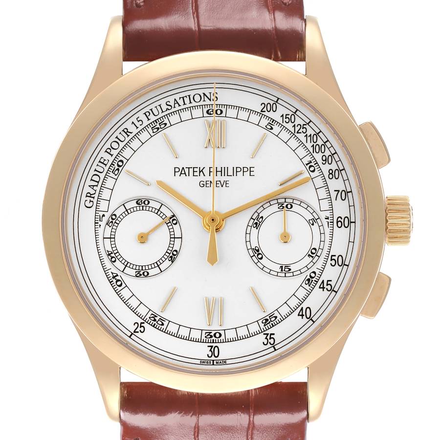 The Patek Philippe Complications watch is shown from the front, displaying its dial, hands, subdials, and crown.