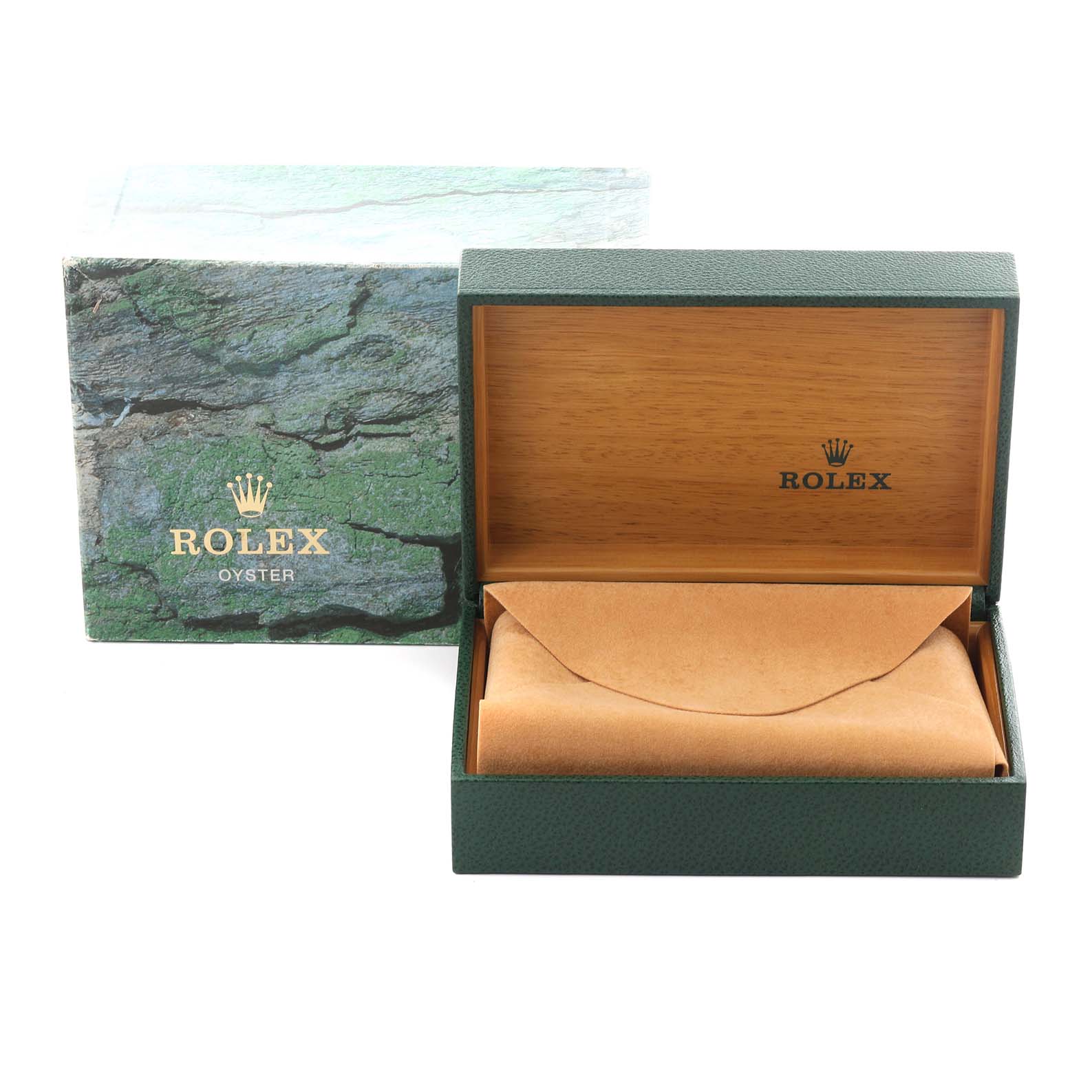 The image shows the open green box and packaging for a Rolex Air-King 14000 Men's Stainless Steel Blue Dial 14000 Men's Stainless Steel Blue Dial watch.