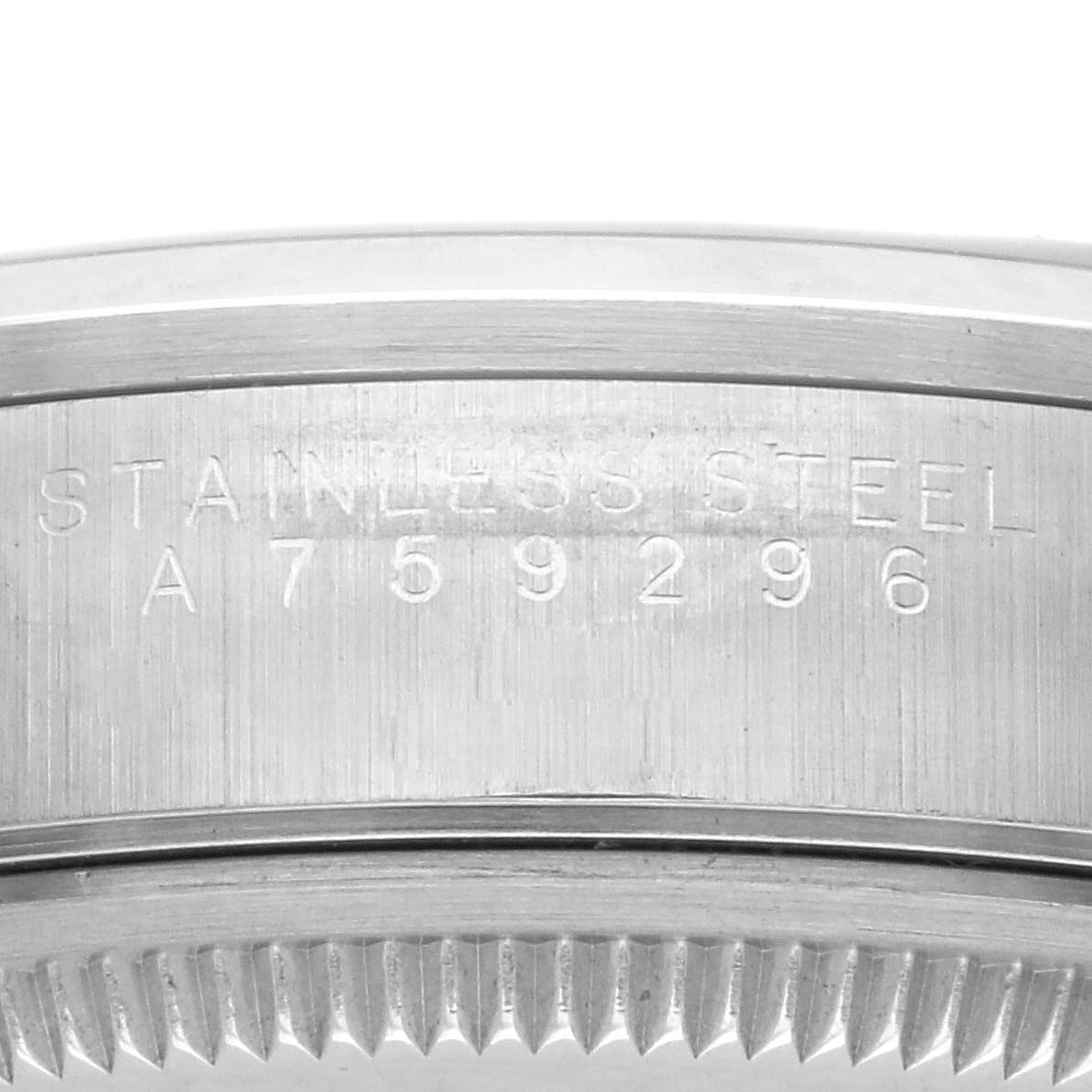 The image shows the side of a Rolex Air-King 14000 Men's Stainless Steel Blue Dial 14000 Men's Stainless Steel Blue Dial watch, focusing on its stainless steel casing and engraved serial number.