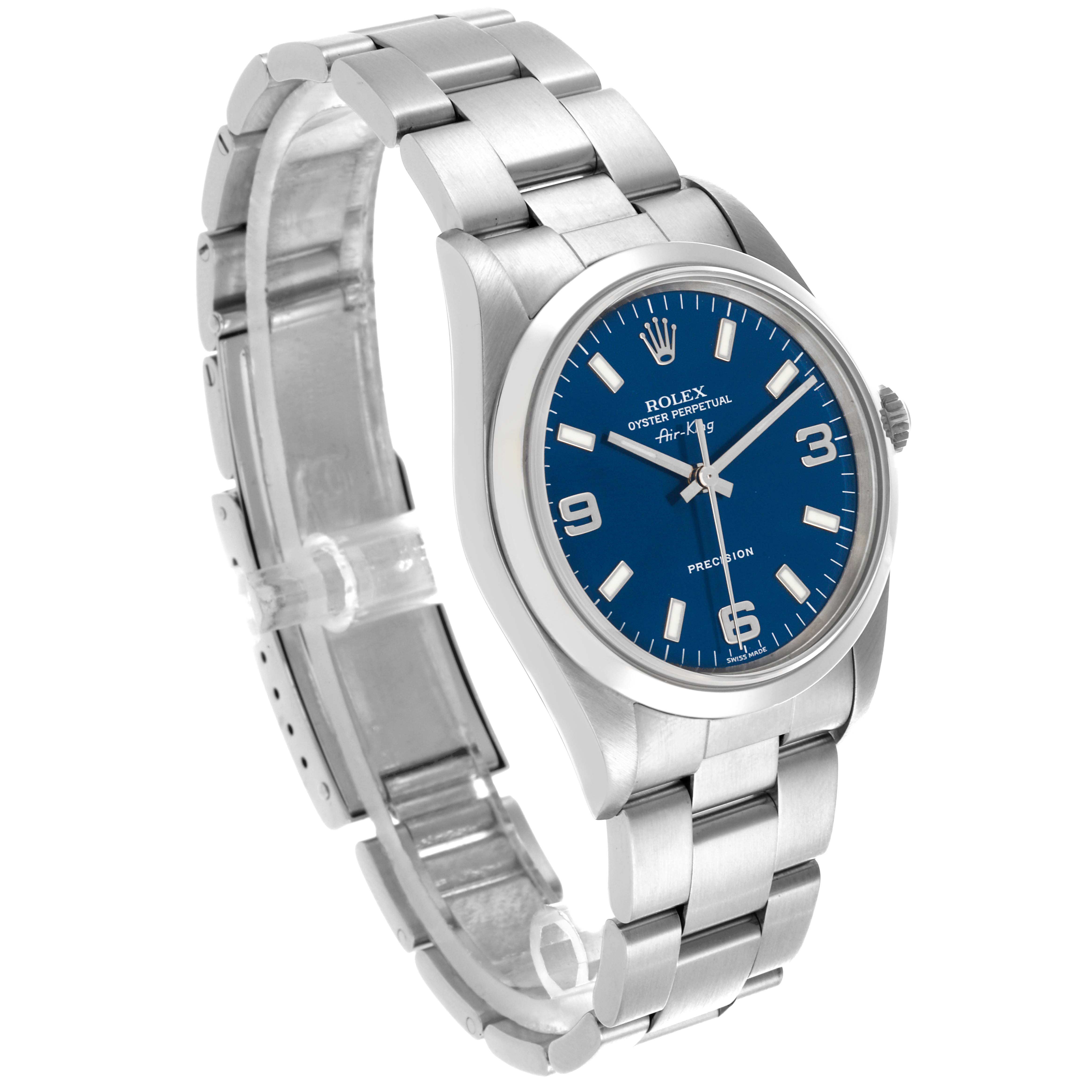The Rolex Air-King 14000 Men's Stainless Steel Blue Dial 14000 Men's Stainless Steel Blue Dial watch is shown from a front angled view, highlighting the blue dial, hour markers, and metal bracelet.